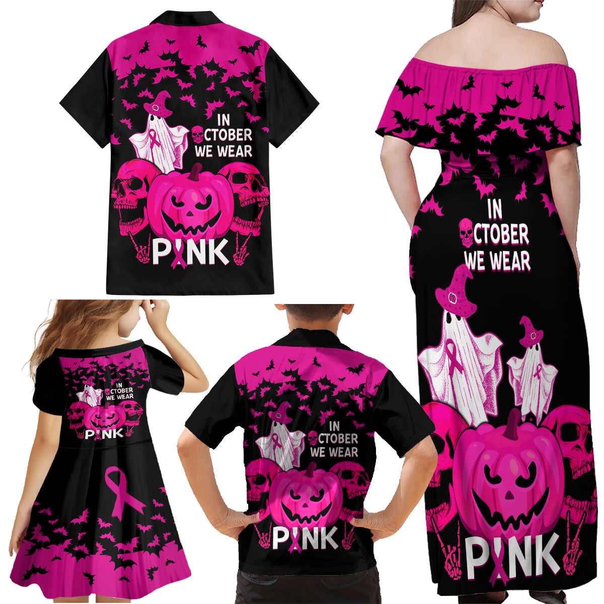 in-october-we-wear-pink-breast-cancer-family-matching-off-shoulder-maxi-dress-and-hawaiian-shirt-halloween-skull-with-pumkin-black-version