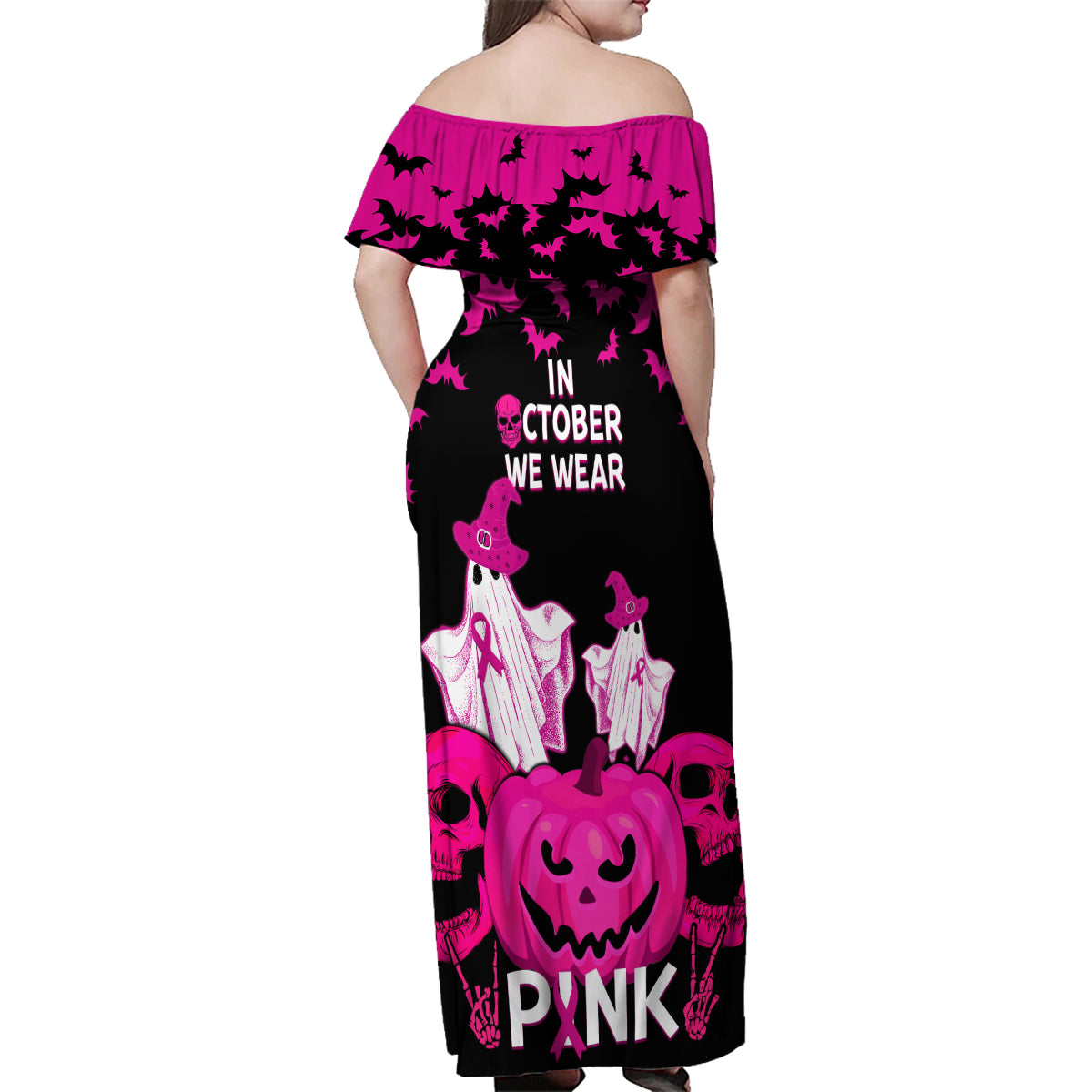 in-october-we-wear-pink-breast-cancer-family-matching-off-shoulder-maxi-dress-and-hawaiian-shirt-halloween-skull-with-pumkin-black-version