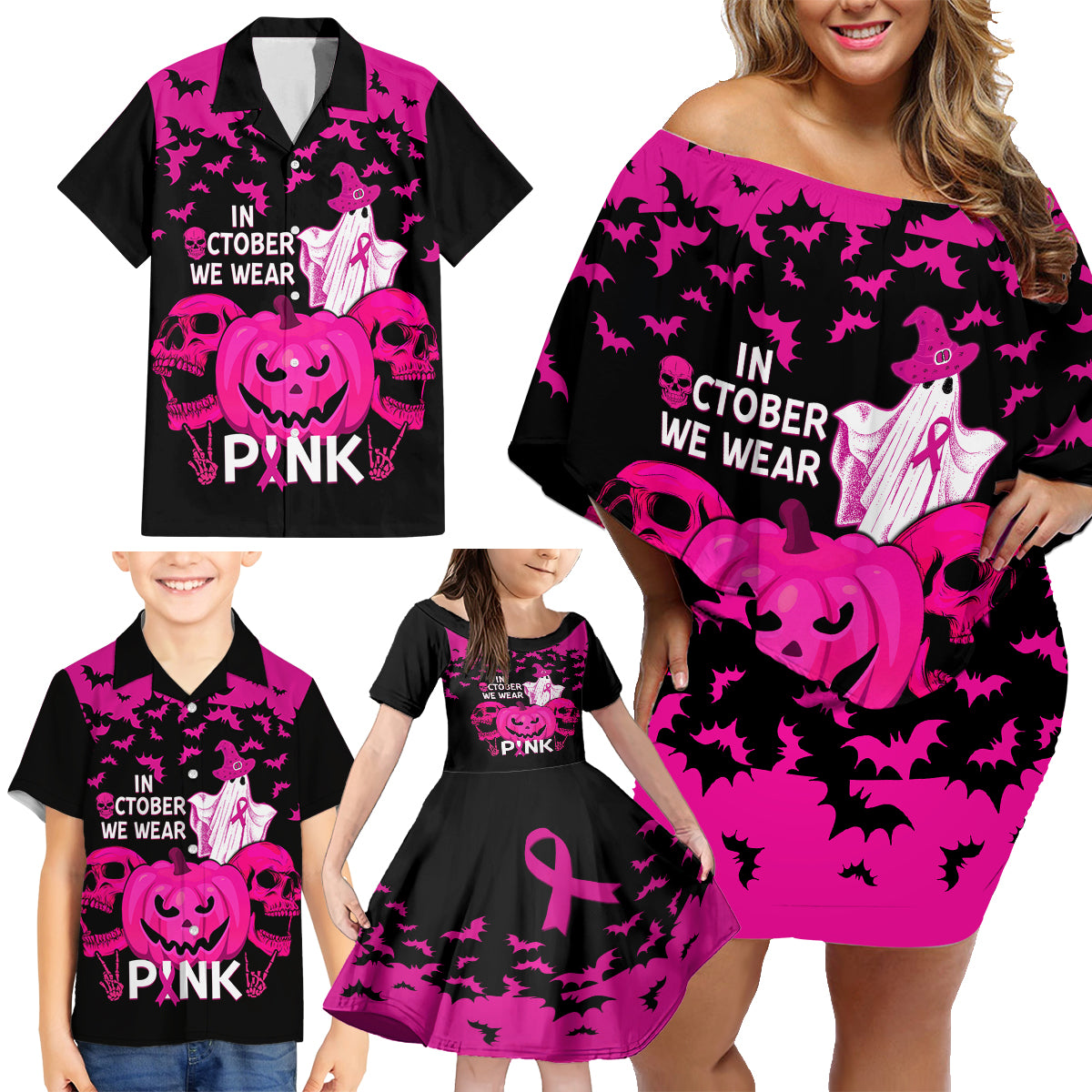 in-october-we-wear-pink-breast-cancer-family-matching-off-shoulder-short-dress-and-hawaiian-shirt-halloween-skull-with-pumkin-black-version