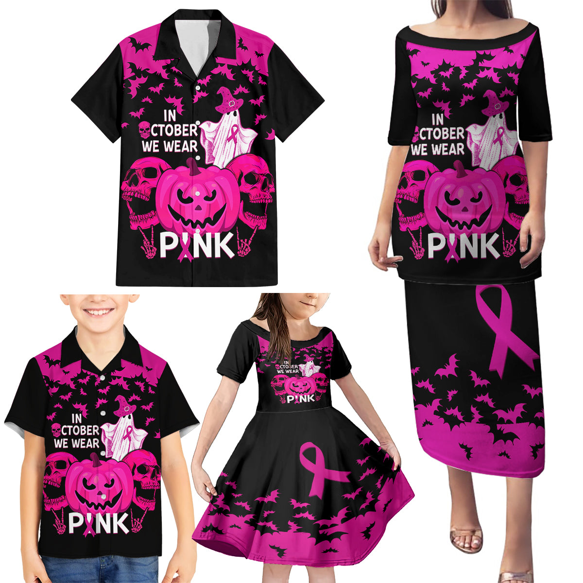 in-october-we-wear-pink-breast-cancer-family-matching-puletasi-dress-and-hawaiian-shirt-halloween-skull-with-pumkin-black-version