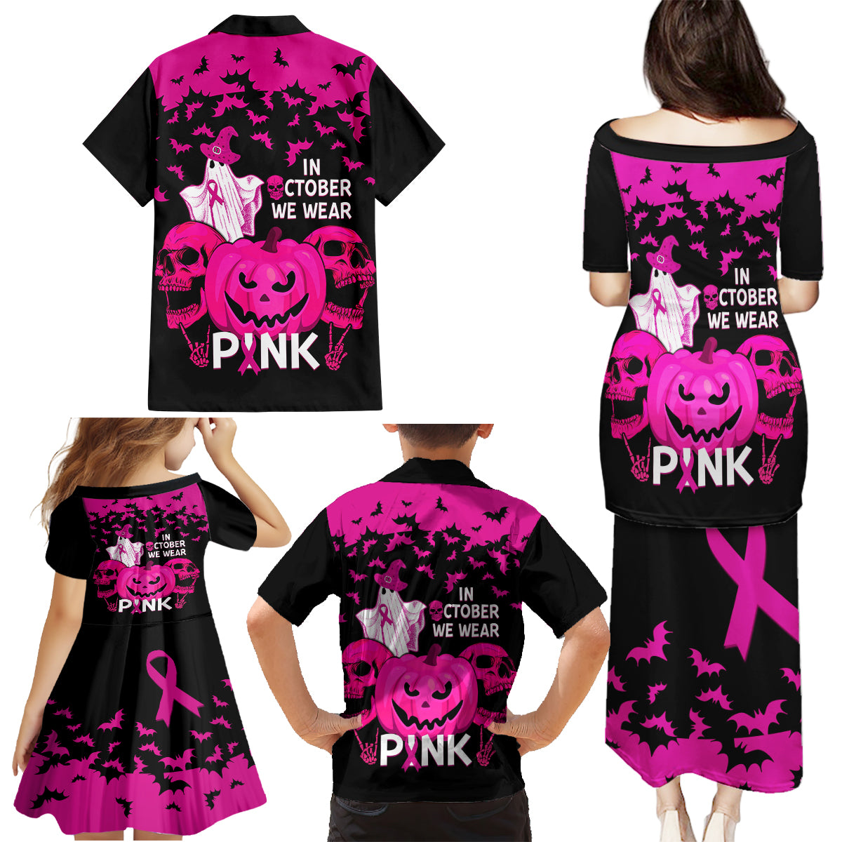 in-october-we-wear-pink-breast-cancer-family-matching-puletasi-dress-and-hawaiian-shirt-halloween-skull-with-pumkin-black-version