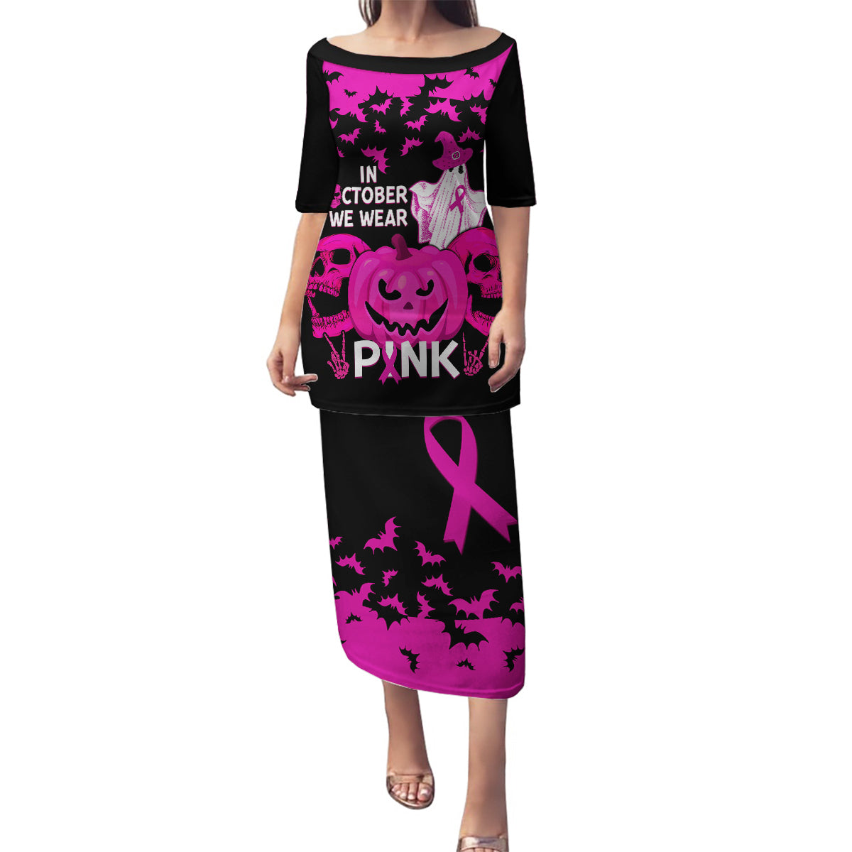 in-october-we-wear-pink-breast-cancer-family-matching-puletasi-dress-and-hawaiian-shirt-halloween-skull-with-pumkin-black-version