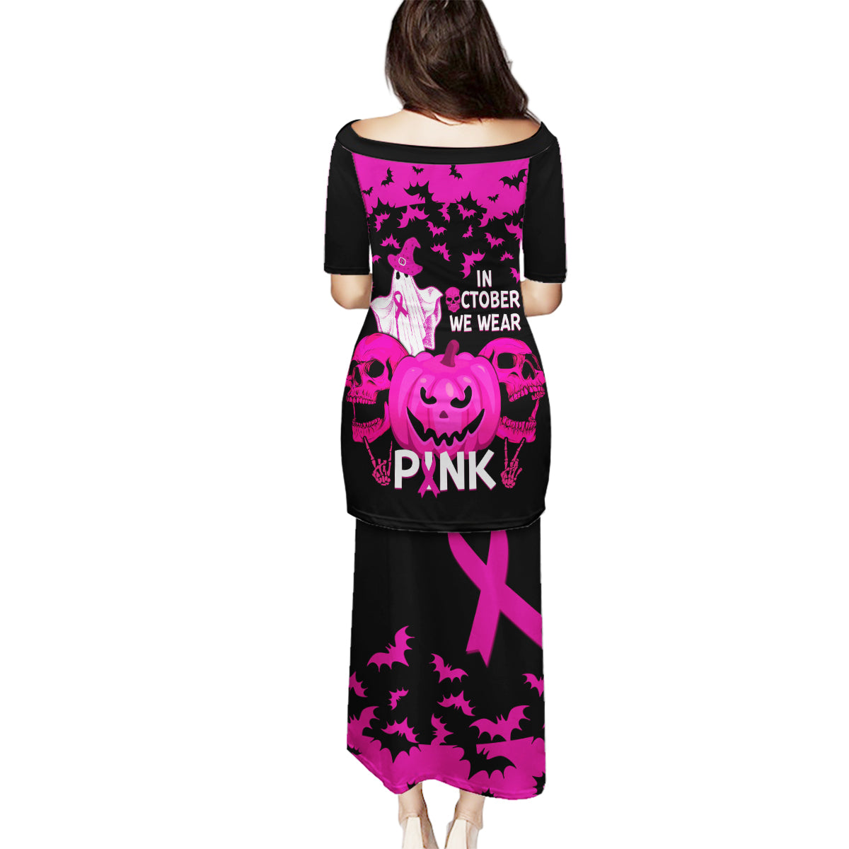 in-october-we-wear-pink-breast-cancer-family-matching-puletasi-dress-and-hawaiian-shirt-halloween-skull-with-pumkin-black-version