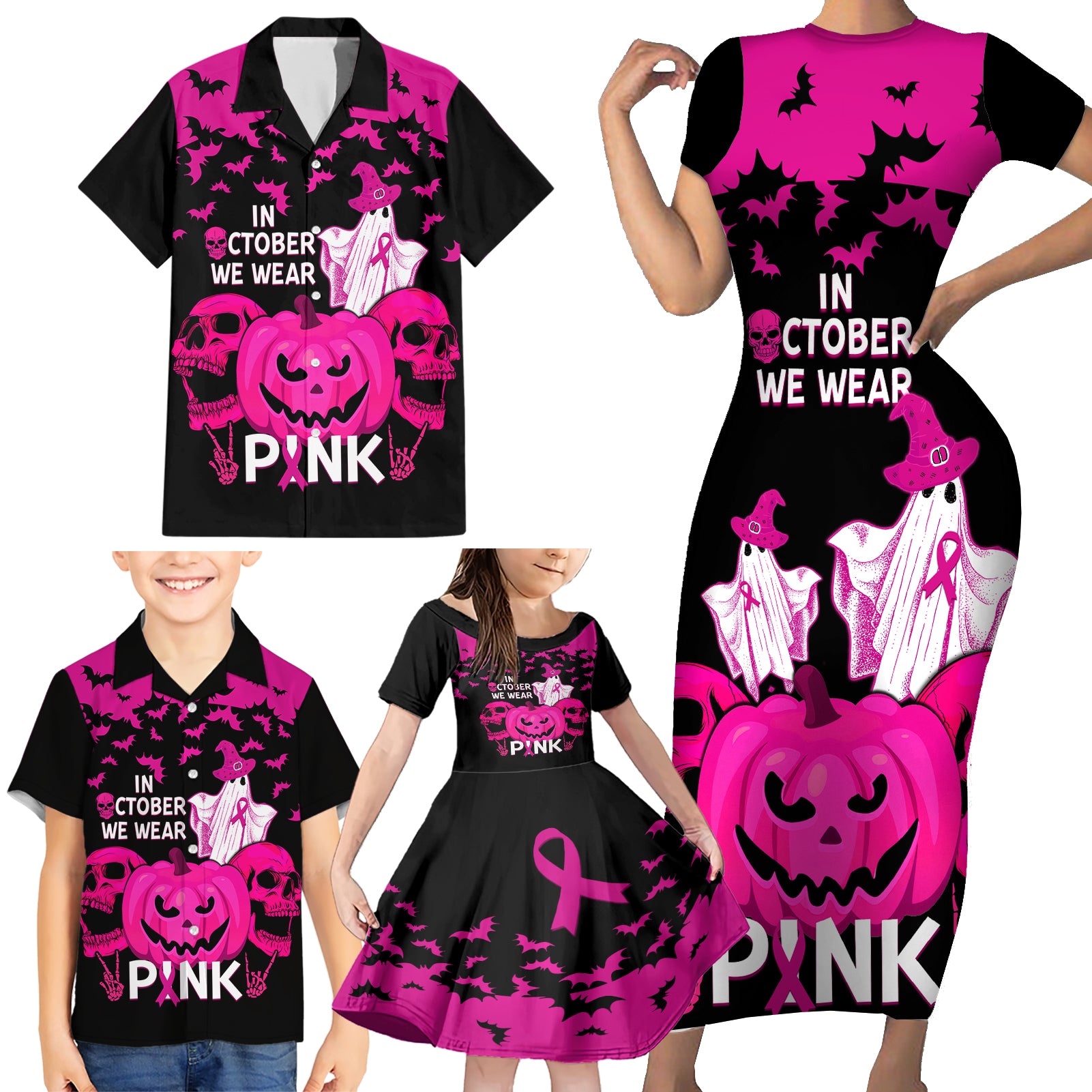 in-october-we-wear-pink-breast-cancer-family-matching-short-sleeve-bodycon-dress-and-hawaiian-shirt-halloween-skull-with-pumkin-black-version