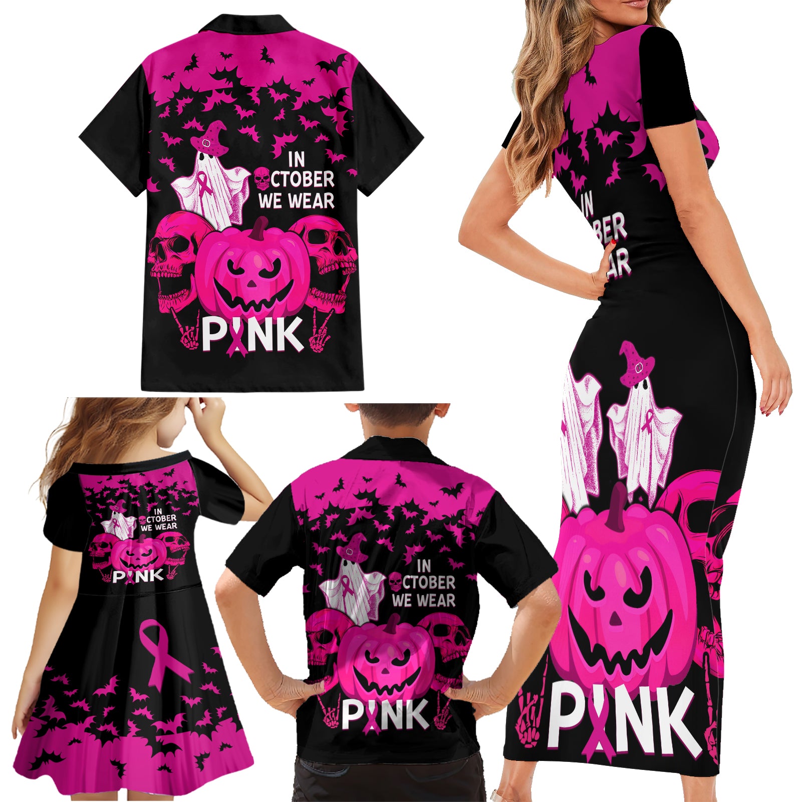 in-october-we-wear-pink-breast-cancer-family-matching-short-sleeve-bodycon-dress-and-hawaiian-shirt-halloween-skull-with-pumkin-black-version