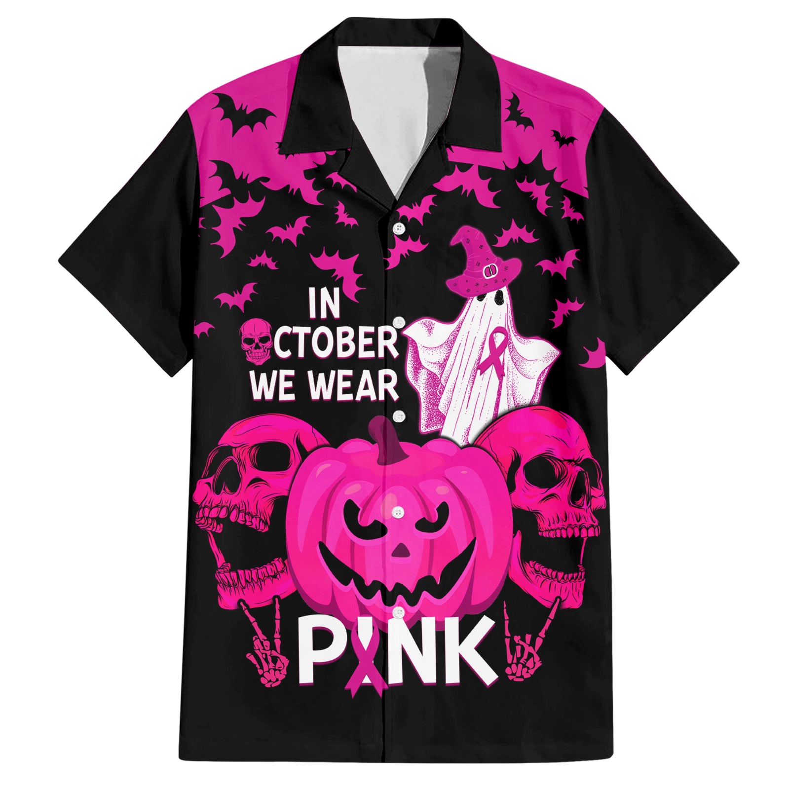 in-october-we-wear-pink-breast-cancer-family-matching-short-sleeve-bodycon-dress-and-hawaiian-shirt-halloween-skull-with-pumkin-black-version