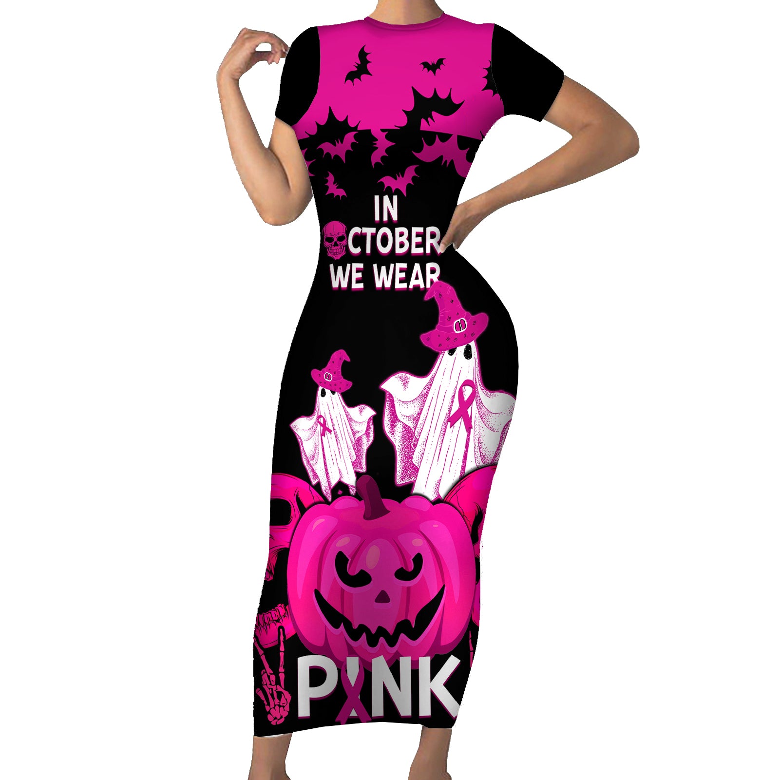 in-october-we-wear-pink-breast-cancer-family-matching-short-sleeve-bodycon-dress-and-hawaiian-shirt-halloween-skull-with-pumkin-black-version