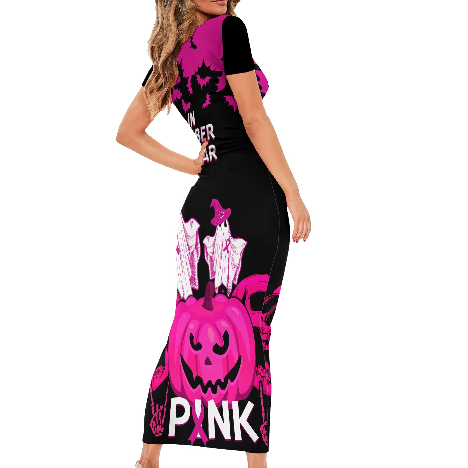 in-october-we-wear-pink-breast-cancer-family-matching-short-sleeve-bodycon-dress-and-hawaiian-shirt-halloween-skull-with-pumkin-black-version