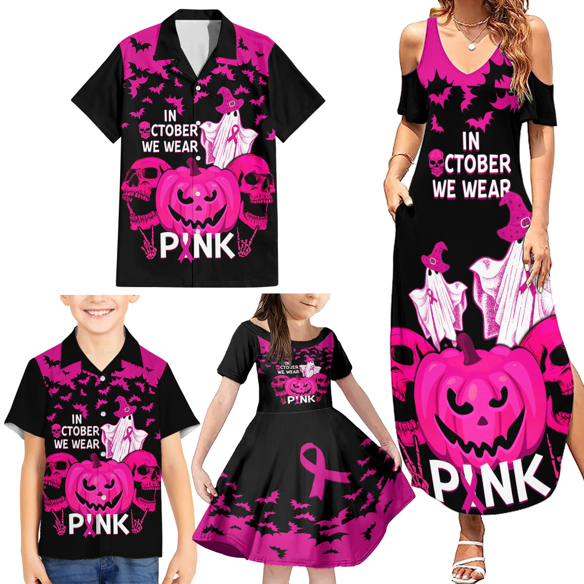 in-october-we-wear-pink-breast-cancer-family-matching-summer-maxi-dress-and-hawaiian-shirt-halloween-skull-with-pumkin-black-version