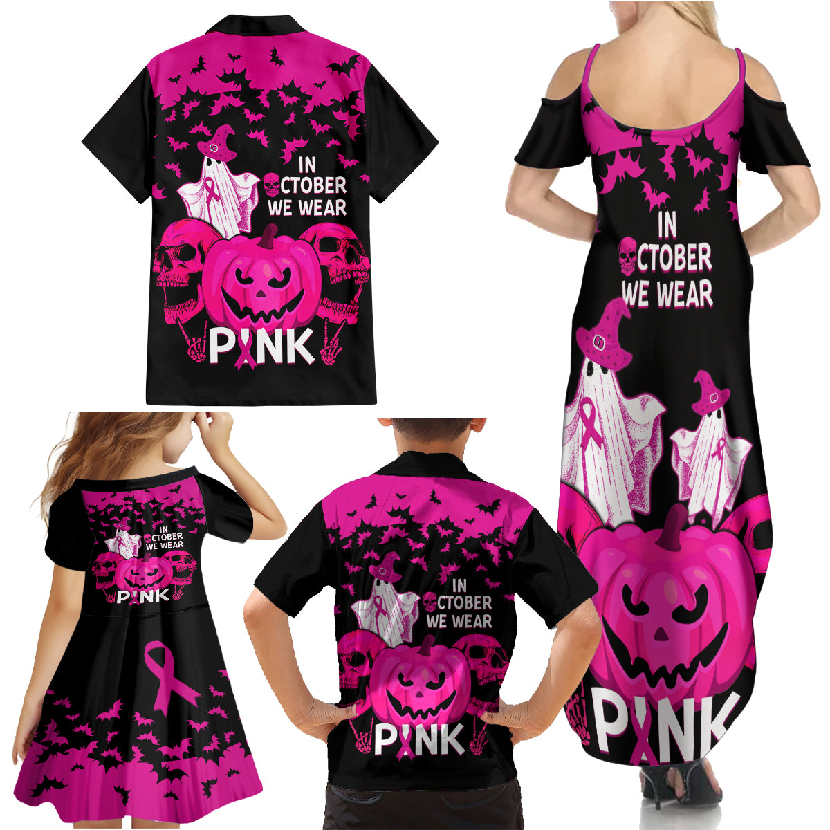 in-october-we-wear-pink-breast-cancer-family-matching-summer-maxi-dress-and-hawaiian-shirt-halloween-skull-with-pumkin-black-version