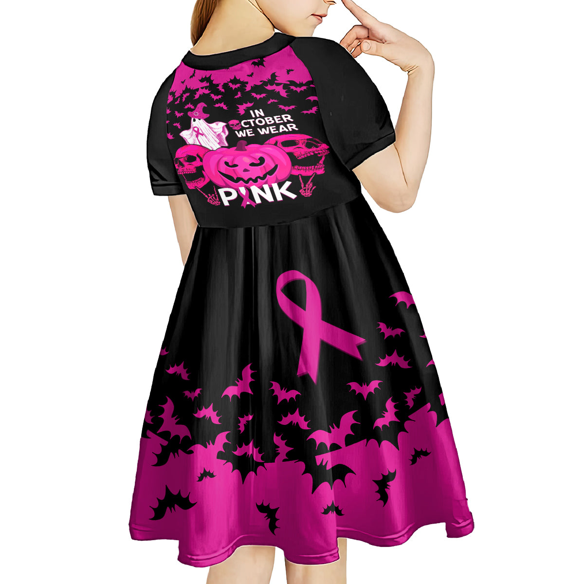 in-october-we-wear-pink-breast-cancer-kid-short-sleeve-dress-halloween-skull-with-pumkin-black-version