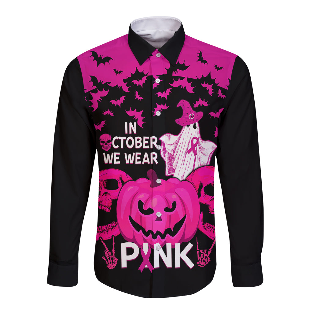 in-october-we-wear-pink-breast-cancer-long-sleeve-button-shirt-halloween-skull-with-pumkin-black-version