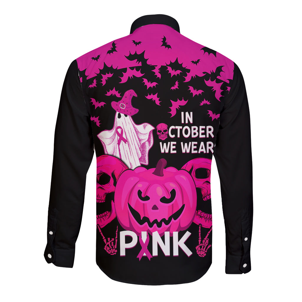 in-october-we-wear-pink-breast-cancer-long-sleeve-button-shirt-halloween-skull-with-pumkin-black-version