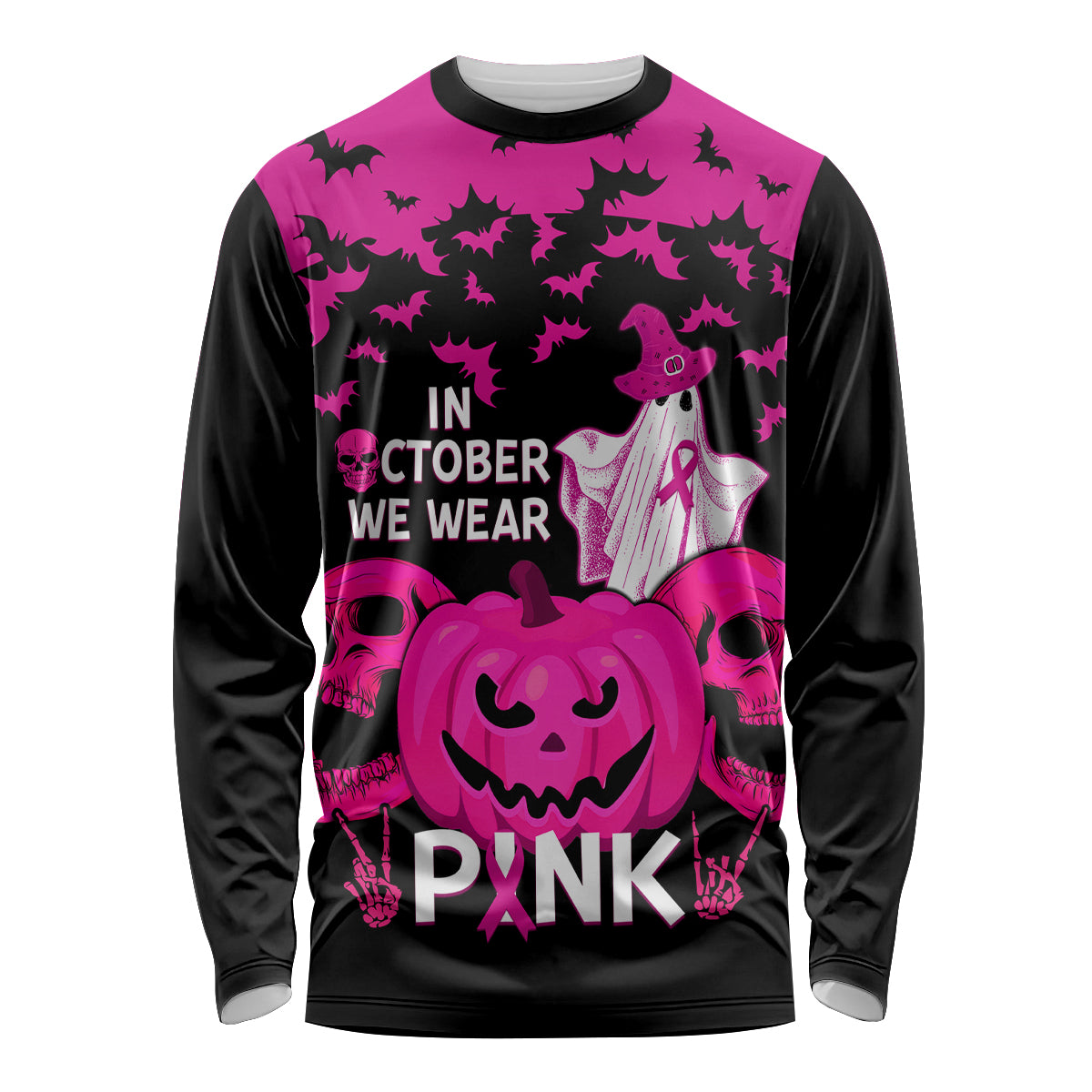 in-october-we-wear-pink-breast-cancer-long-sleeve-shirt-halloween-skull-with-pumkin-black-version