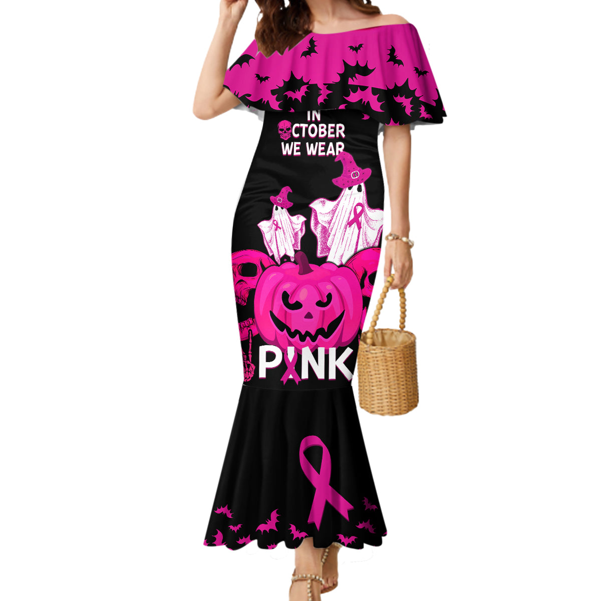 in-october-we-wear-pink-breast-cancer-mermaid-dress-halloween-skull-with-pumkin-black-version