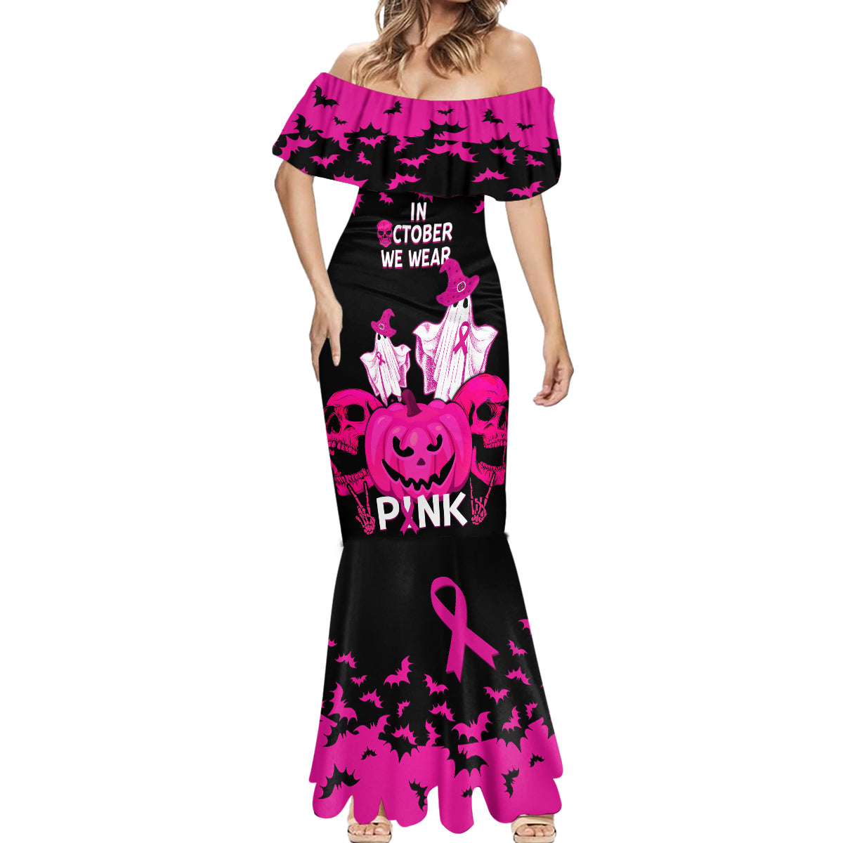 in-october-we-wear-pink-breast-cancer-mermaid-dress-halloween-skull-with-pumkin-black-version