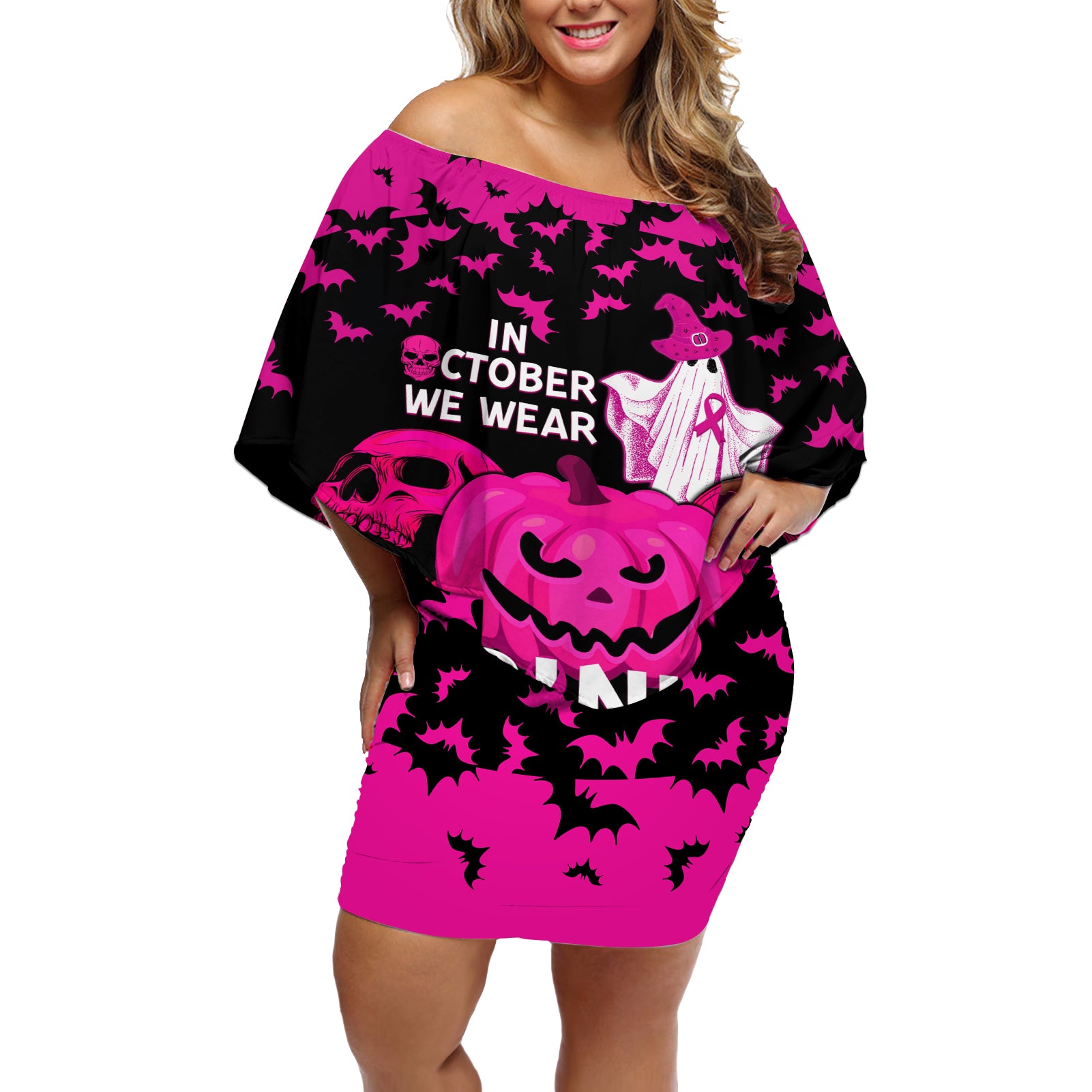 in-october-we-wear-pink-breast-cancer-off-shoulder-short-dress-halloween-skull-with-pumkin-black-version