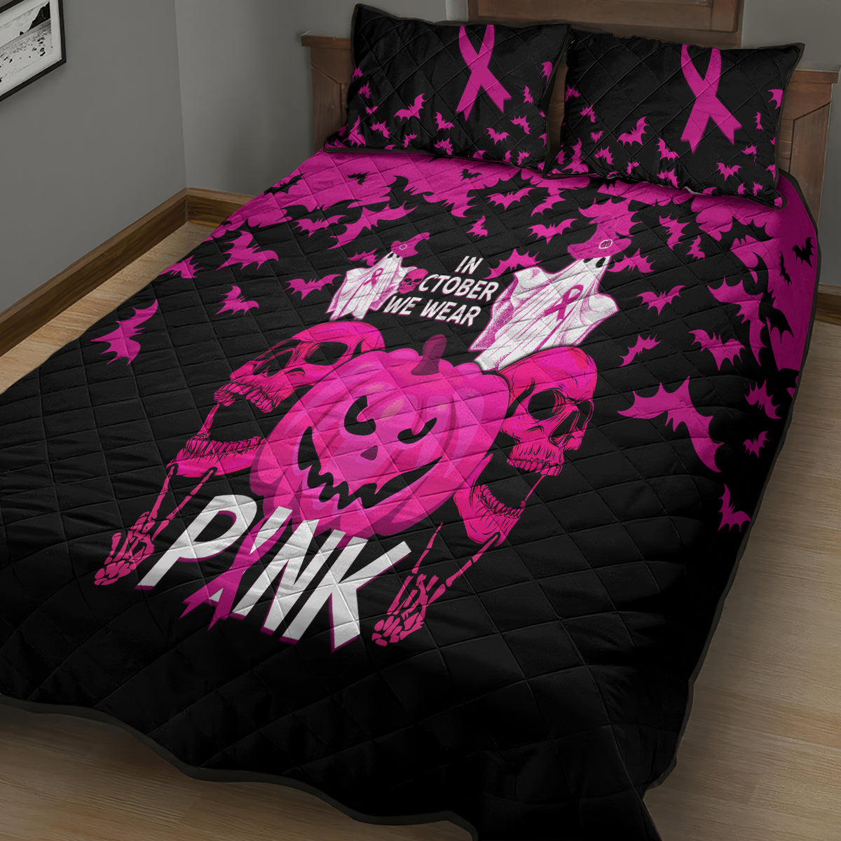 in-october-we-wear-pink-breast-cancer-quilt-bed-set-halloween-skull-with-pumkin-black-version