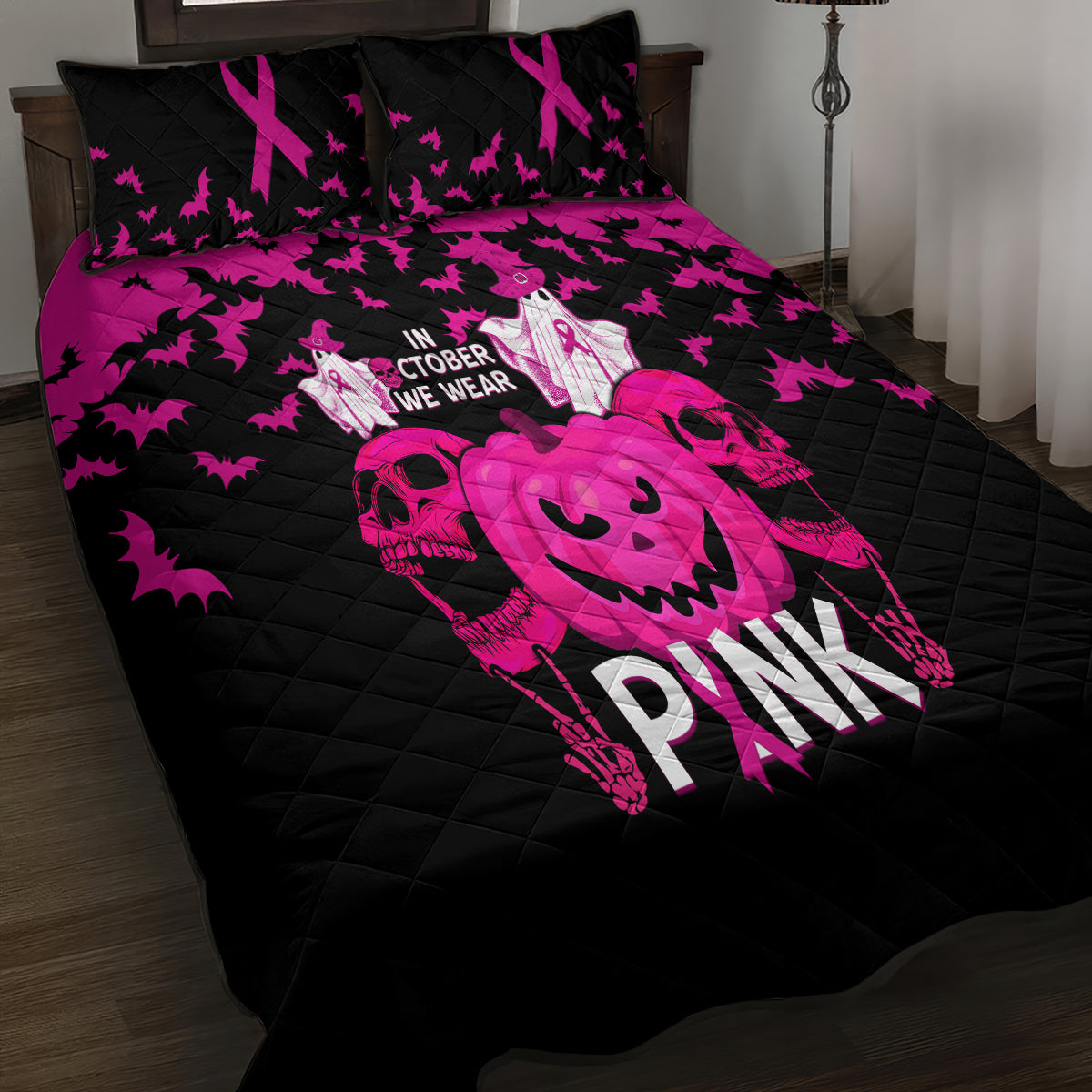 in-october-we-wear-pink-breast-cancer-quilt-bed-set-halloween-skull-with-pumkin-black-version