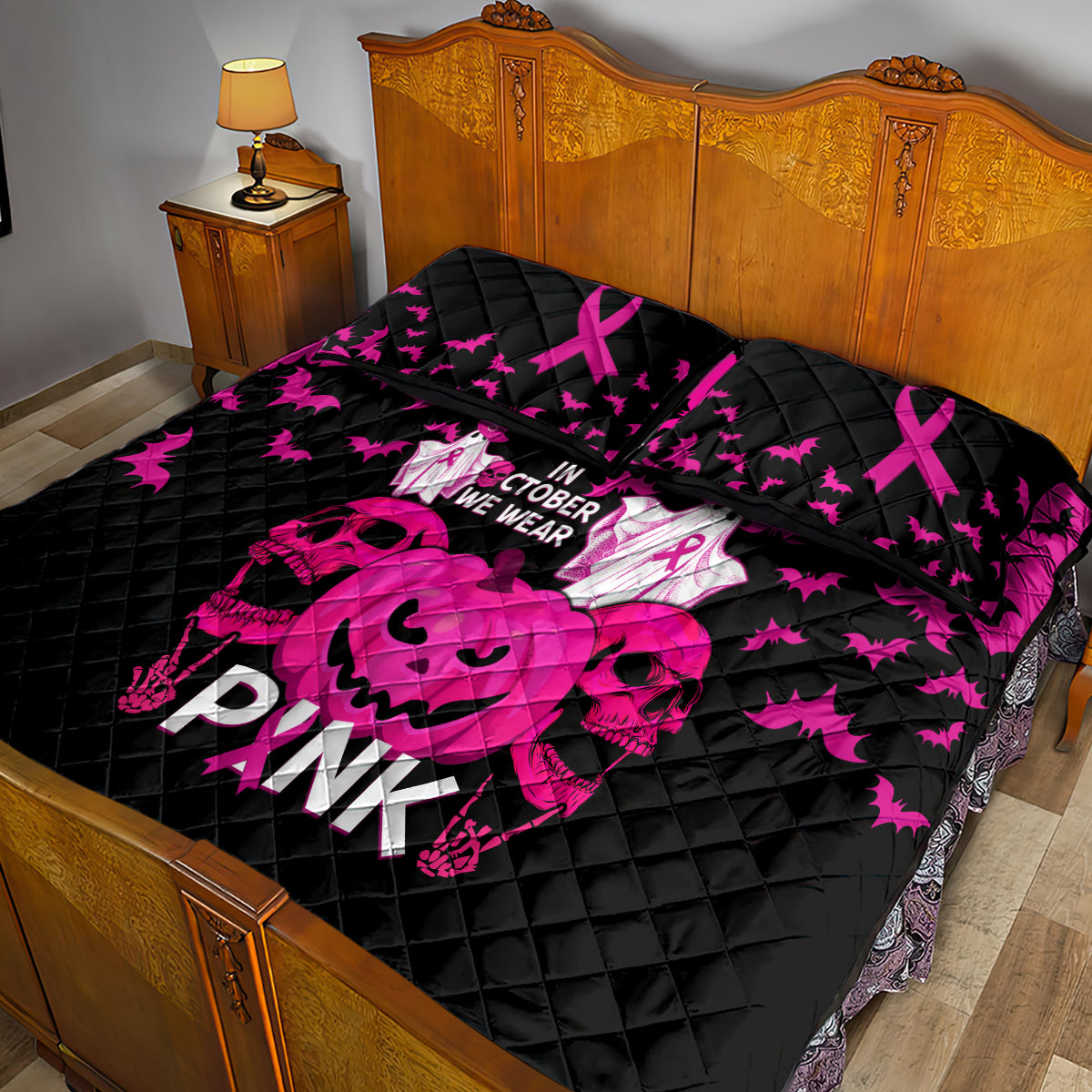 in-october-we-wear-pink-breast-cancer-quilt-bed-set-halloween-skull-with-pumkin-black-version