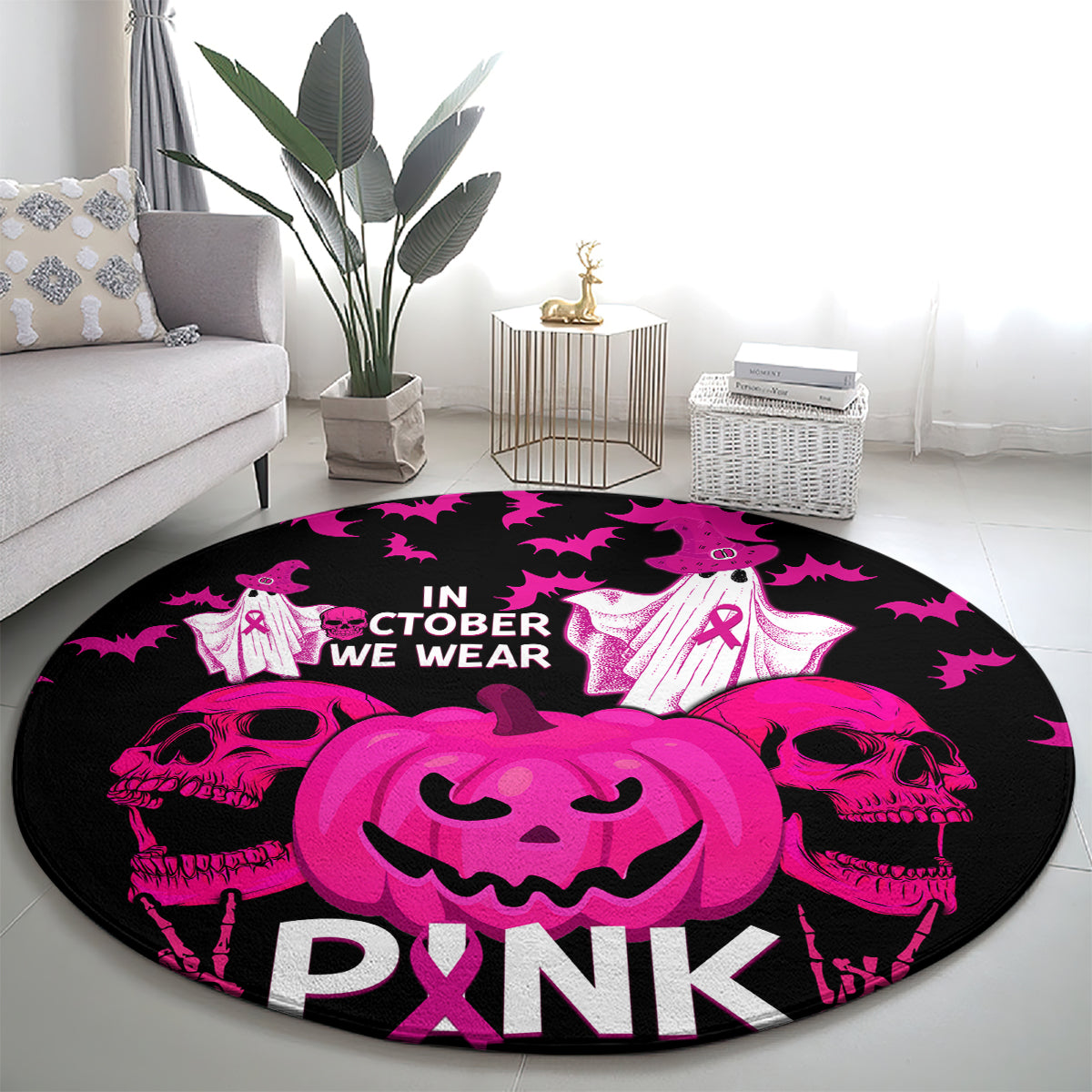 in-october-we-wear-pink-breast-cancer-round-carpet-halloween-skull-with-pumkin-black-version