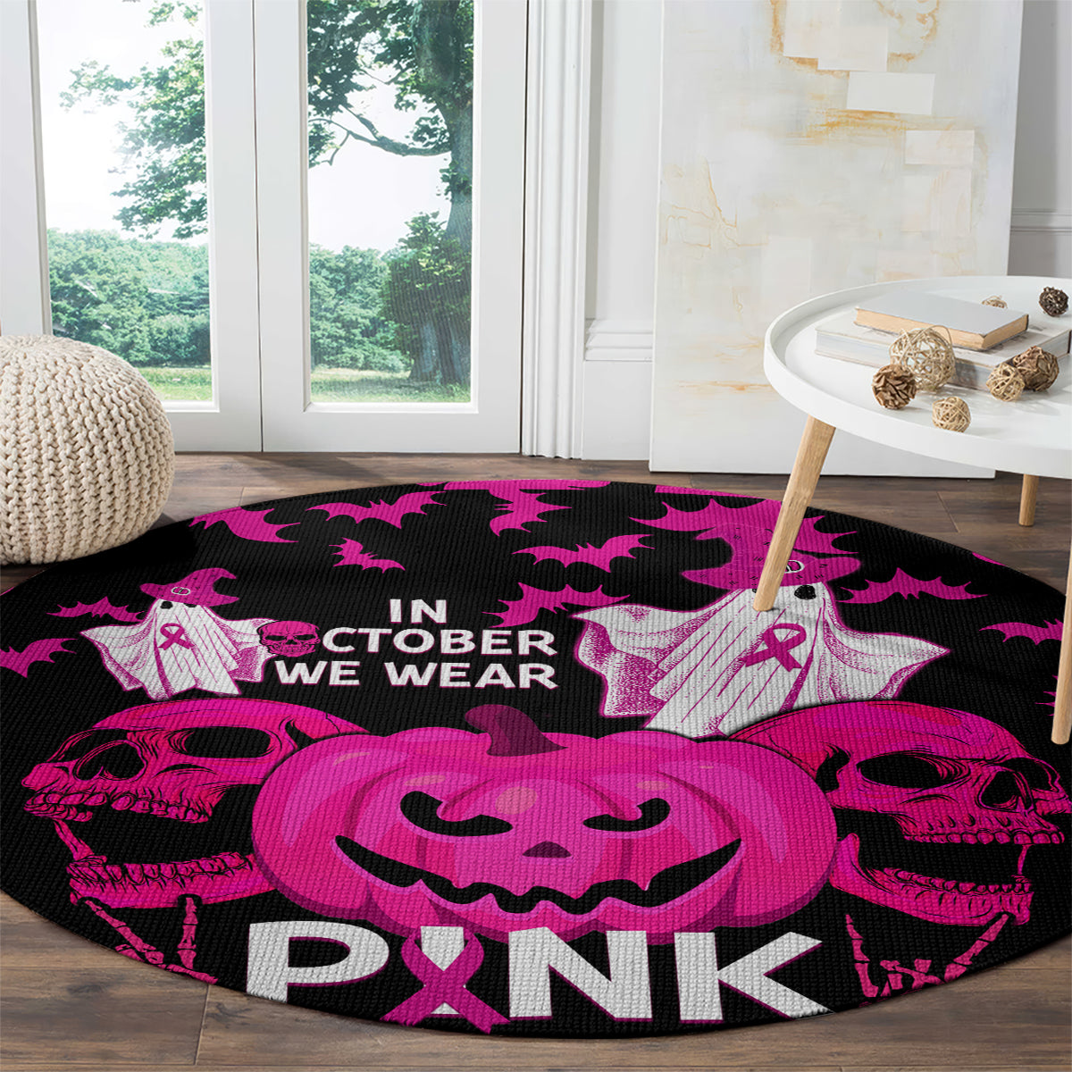 in-october-we-wear-pink-breast-cancer-round-carpet-halloween-skull-with-pumkin-black-version