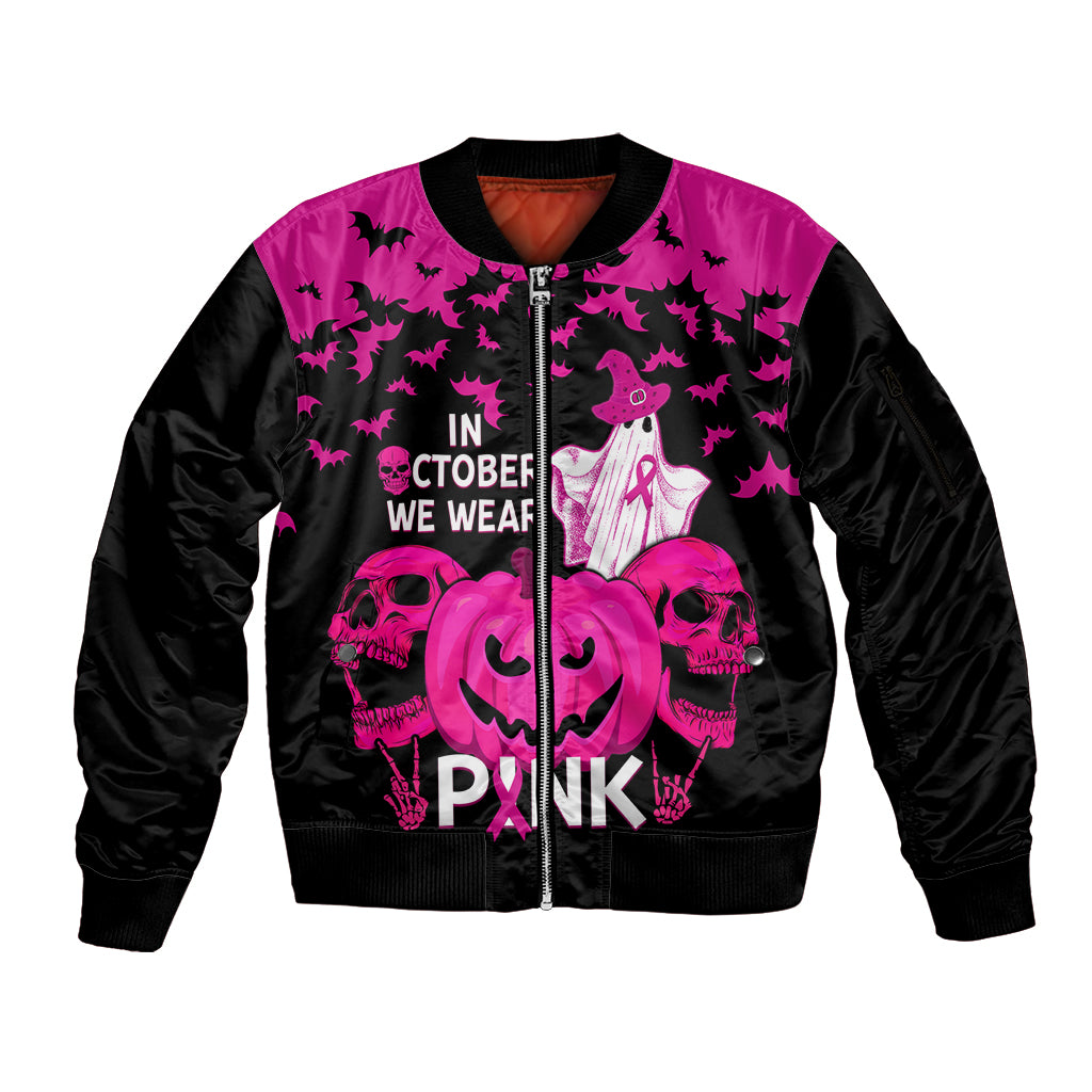 in-october-we-wear-pink-breast-cancer-sleeve-zip-bomber-jacket-halloween-skull-with-pumkin-black-version