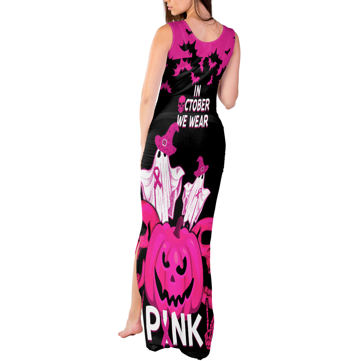 in-october-we-wear-pink-breast-cancer-tank-maxi-dress-halloween-skull-with-pumkin-black-version