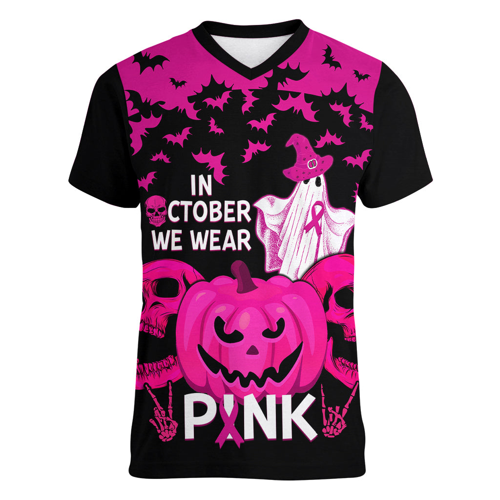 in-october-we-wear-pink-breast-cancer-women-v-neck-t-shirt-halloween-skull-with-pumkin-black-version