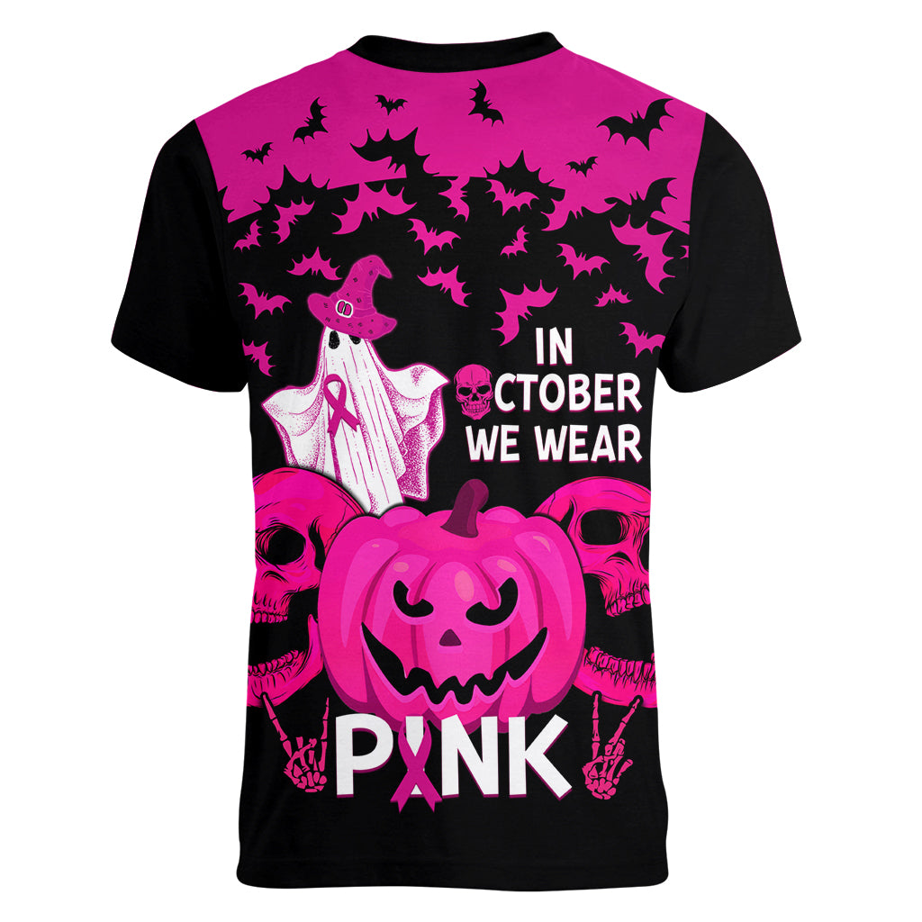 in-october-we-wear-pink-breast-cancer-women-v-neck-t-shirt-halloween-skull-with-pumkin-black-version