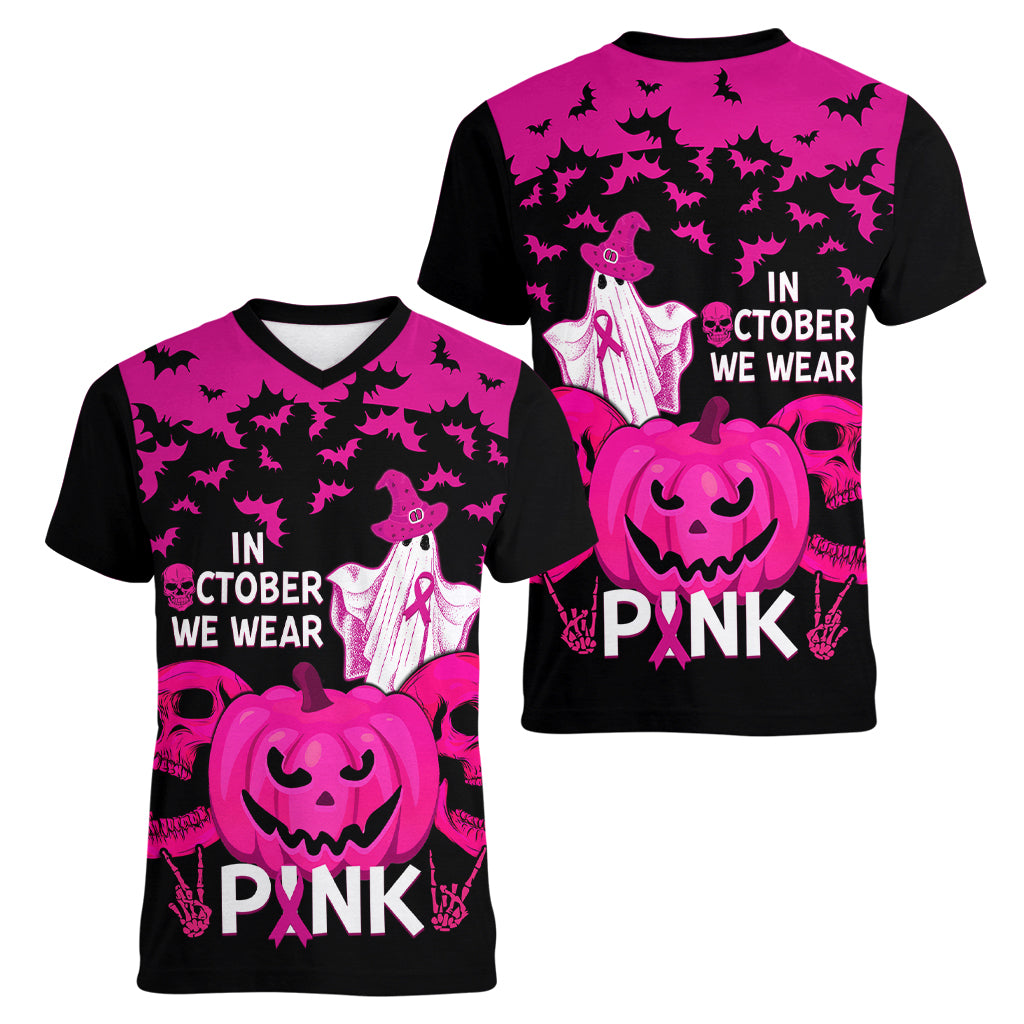 in-october-we-wear-pink-breast-cancer-women-v-neck-t-shirt-halloween-skull-with-pumkin-black-version