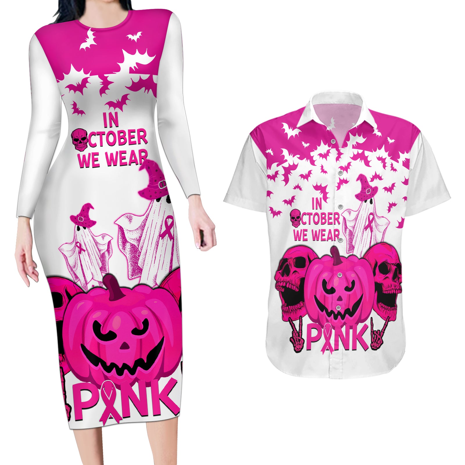 in-october-we-wear-pink-breast-cancer-couples-matching-long-sleeve-bodycon-dress-and-hawaiian-shirt-halloween-skull-with-pumkin-white-version