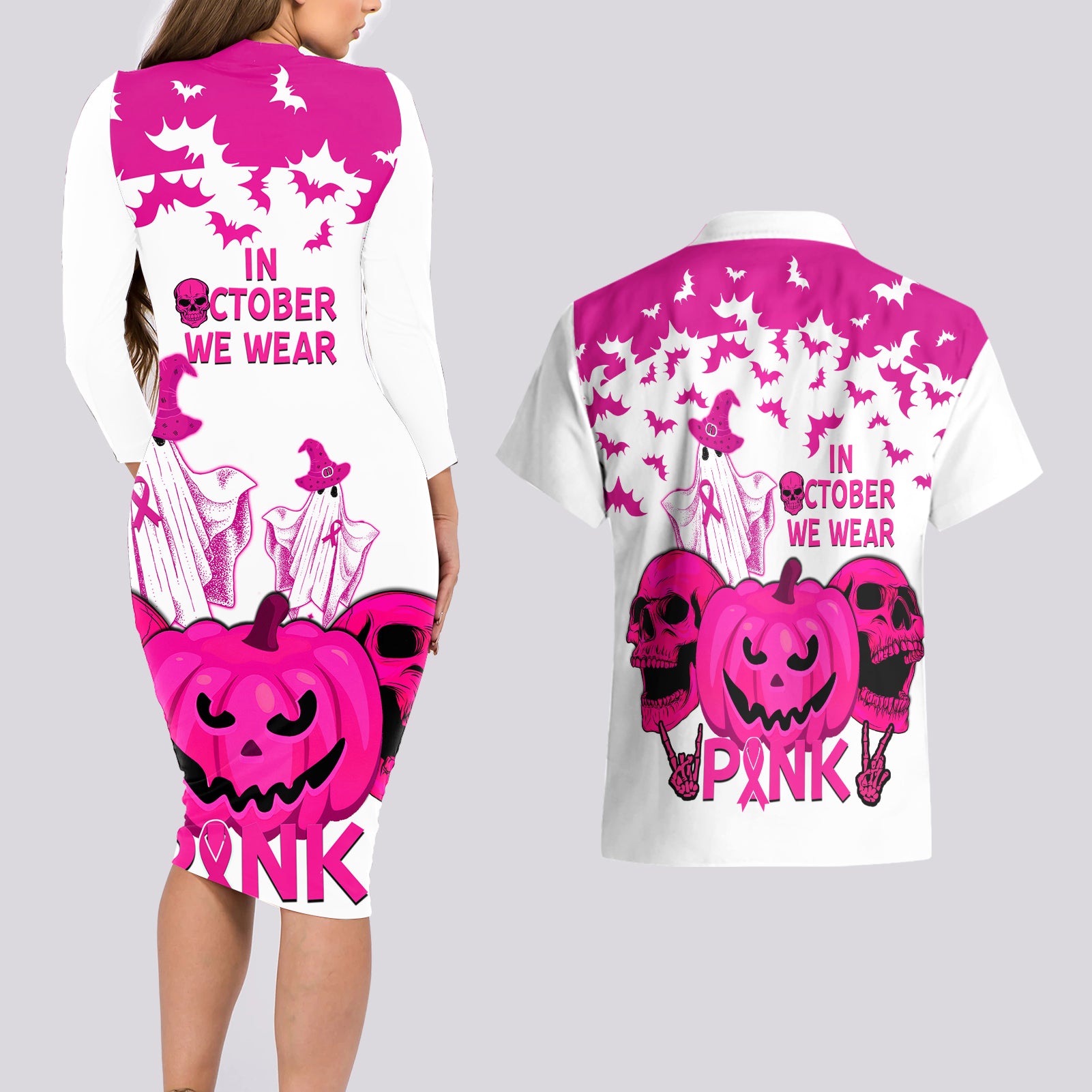 in-october-we-wear-pink-breast-cancer-couples-matching-long-sleeve-bodycon-dress-and-hawaiian-shirt-halloween-skull-with-pumkin-white-version