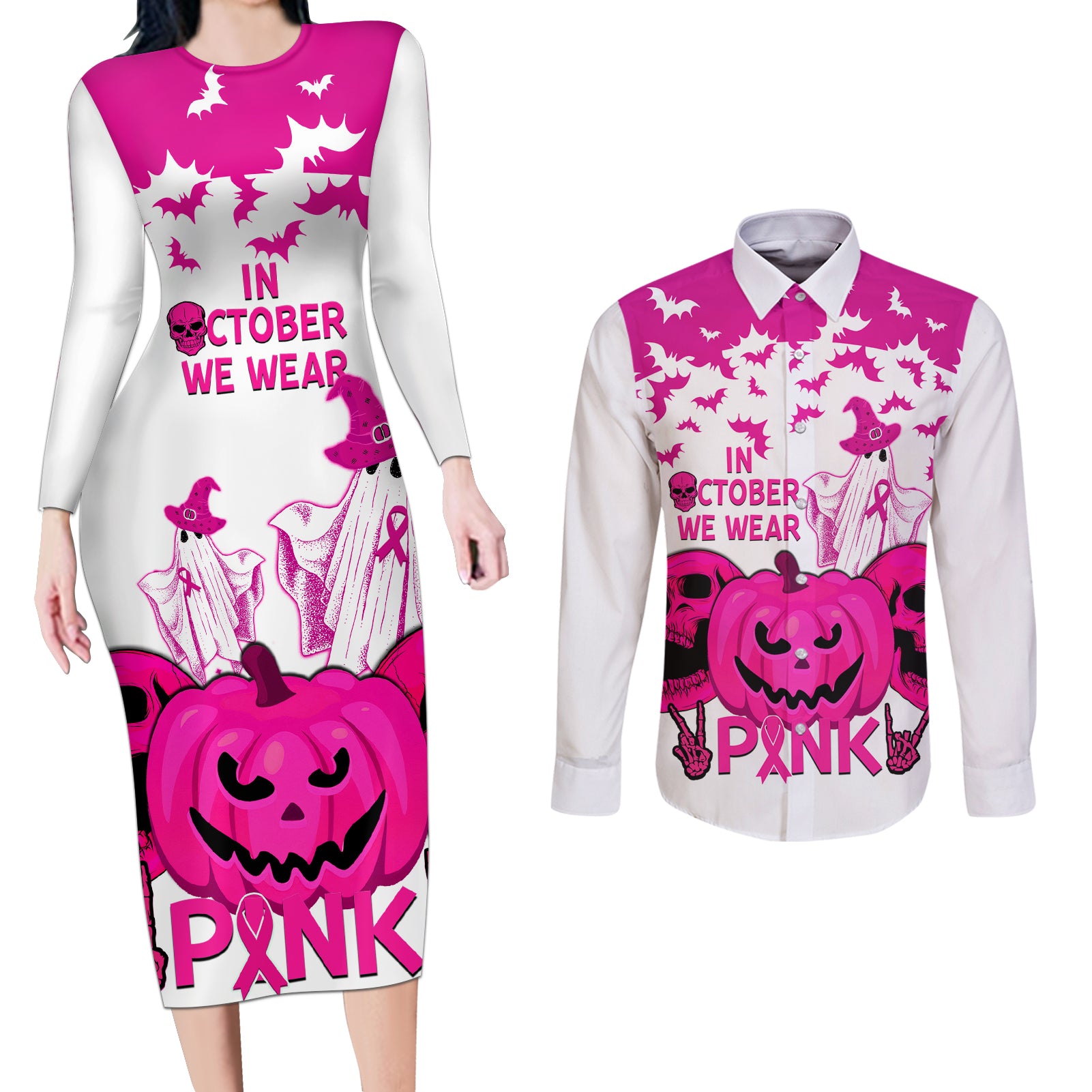 in-october-we-wear-pink-breast-cancer-couples-matching-long-sleeve-bodycon-dress-and-long-sleeve-button-shirts-halloween-skull-with-pumkin-white-version