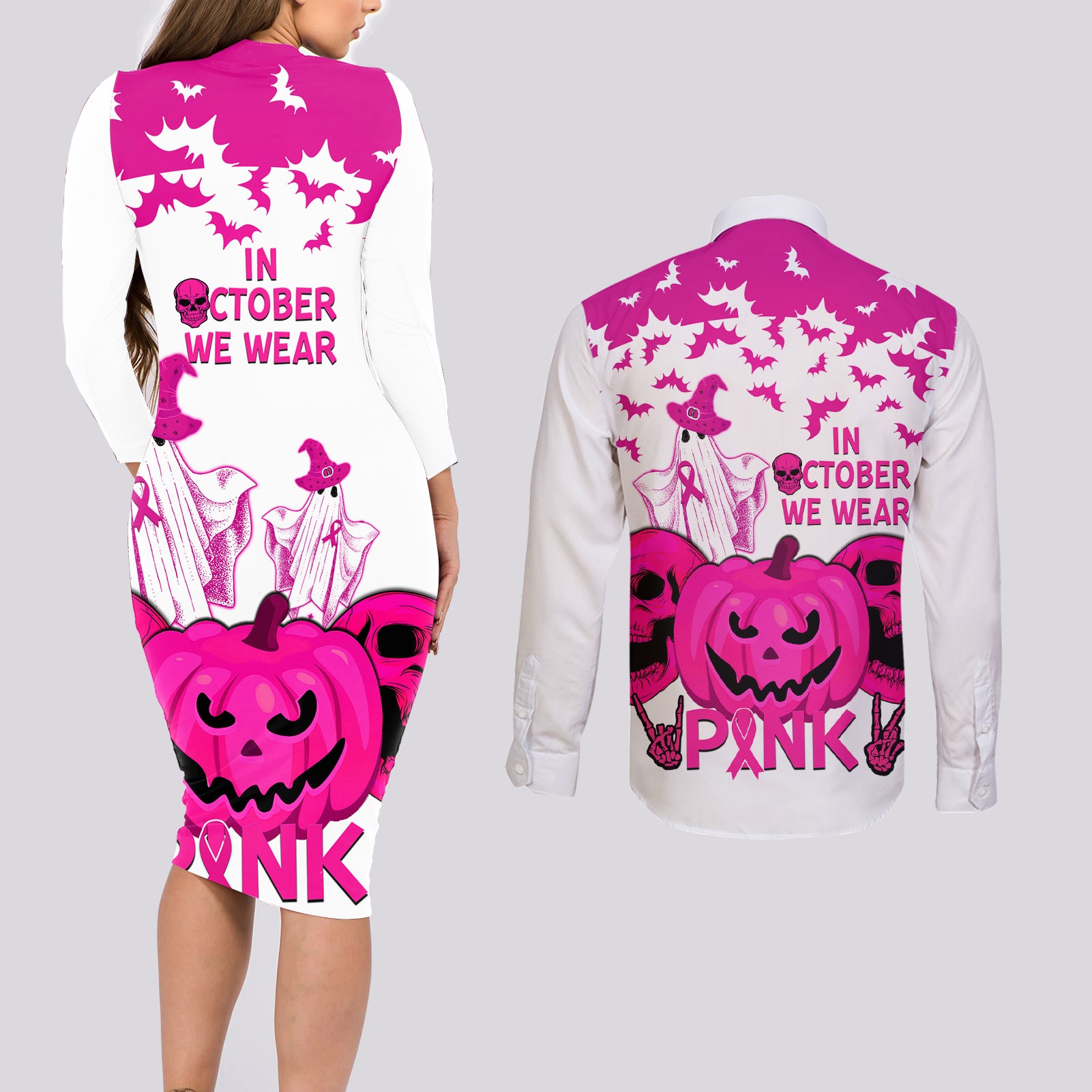 in-october-we-wear-pink-breast-cancer-couples-matching-long-sleeve-bodycon-dress-and-long-sleeve-button-shirts-halloween-skull-with-pumkin-white-version