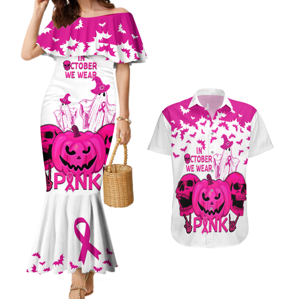 in-october-we-wear-pink-breast-cancer-couples-matching-mermaid-dress-and-hawaiian-shirt-halloween-skull-with-pumkin-white-version