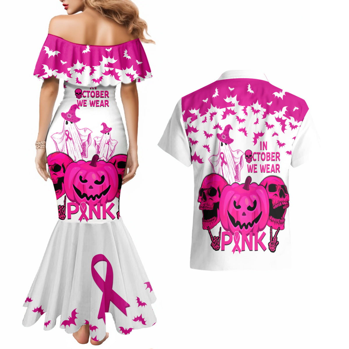 in-october-we-wear-pink-breast-cancer-couples-matching-mermaid-dress-and-hawaiian-shirt-halloween-skull-with-pumkin-white-version