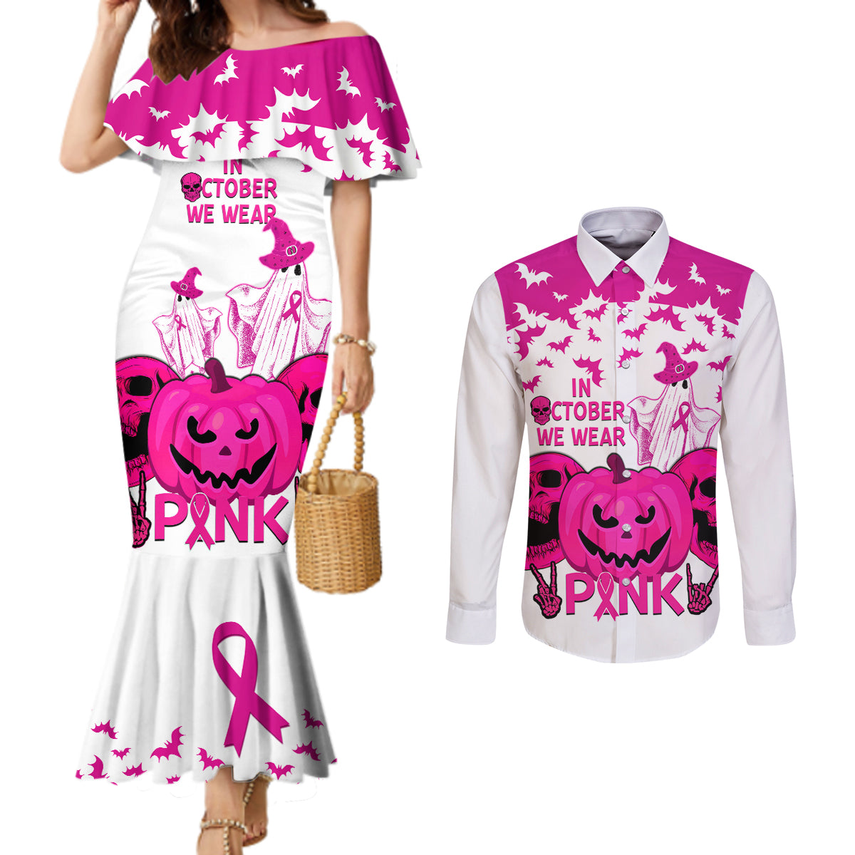 in-october-we-wear-pink-breast-cancer-couples-matching-mermaid-dress-and-long-sleeve-button-shirts-halloween-skull-with-pumkin-white-version