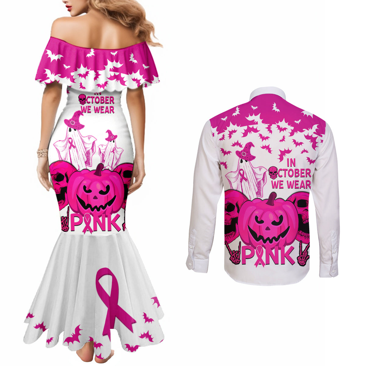 in-october-we-wear-pink-breast-cancer-couples-matching-mermaid-dress-and-long-sleeve-button-shirts-halloween-skull-with-pumkin-white-version