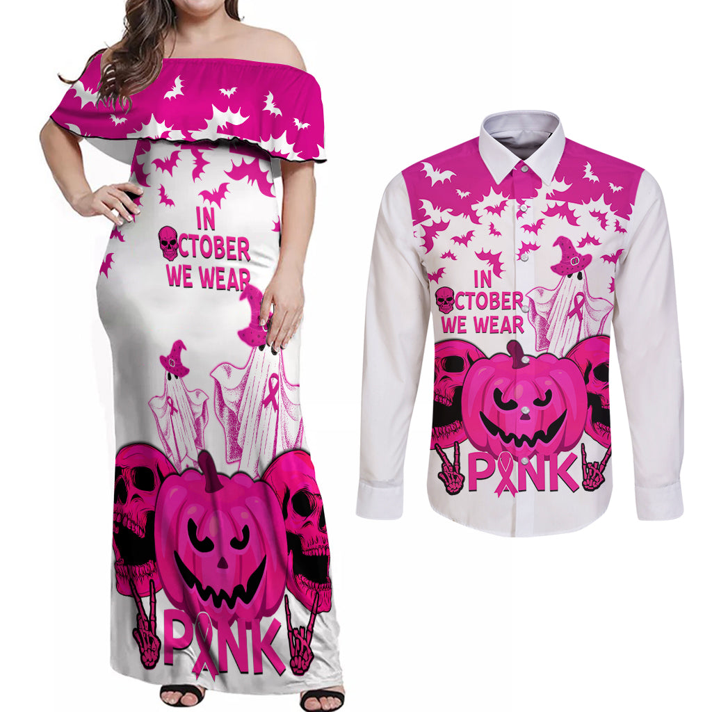 in-october-we-wear-pink-breast-cancer-couples-matching-off-shoulder-maxi-dress-and-long-sleeve-button-shirts-halloween-skull-with-pumkin-white-version