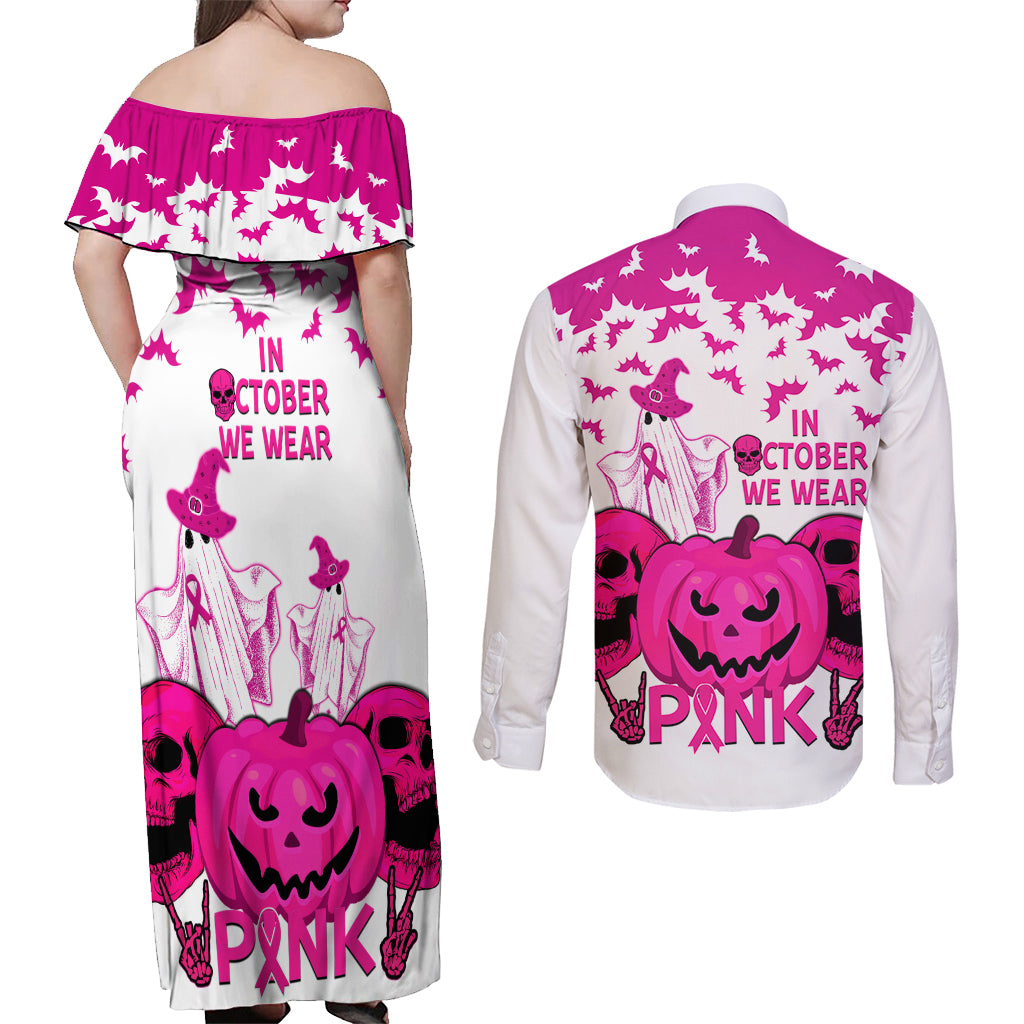 in-october-we-wear-pink-breast-cancer-couples-matching-off-shoulder-maxi-dress-and-long-sleeve-button-shirts-halloween-skull-with-pumkin-white-version