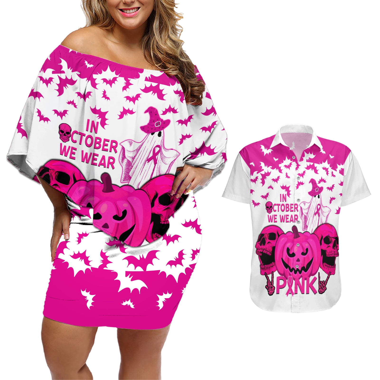 in-october-we-wear-pink-breast-cancer-couples-matching-off-shoulder-short-dress-and-hawaiian-shirt-halloween-skull-with-pumkin-white-version