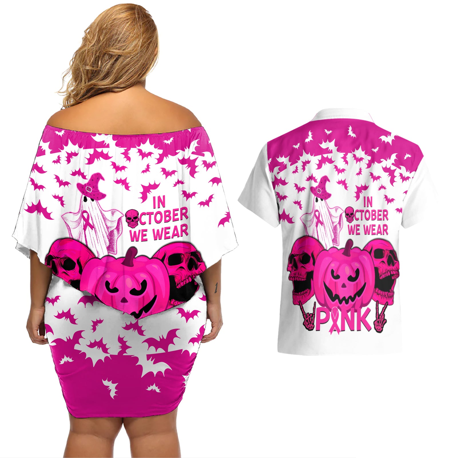 in-october-we-wear-pink-breast-cancer-couples-matching-off-shoulder-short-dress-and-hawaiian-shirt-halloween-skull-with-pumkin-white-version