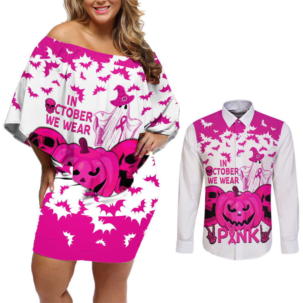 in-october-we-wear-pink-breast-cancer-couples-matching-off-shoulder-short-dress-and-long-sleeve-button-shirts-halloween-skull-with-pumkin-white-version