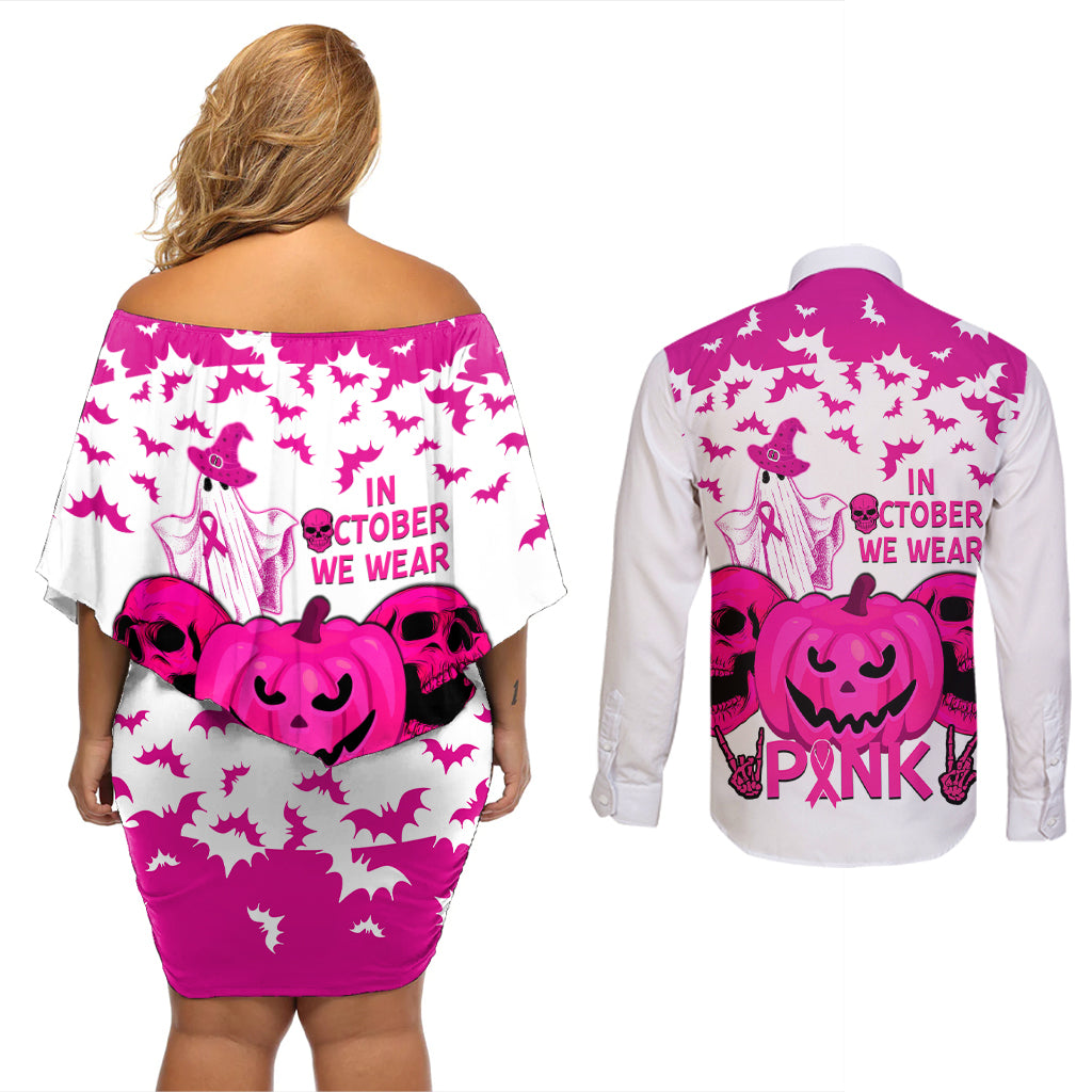 in-october-we-wear-pink-breast-cancer-couples-matching-off-shoulder-short-dress-and-long-sleeve-button-shirts-halloween-skull-with-pumkin-white-version