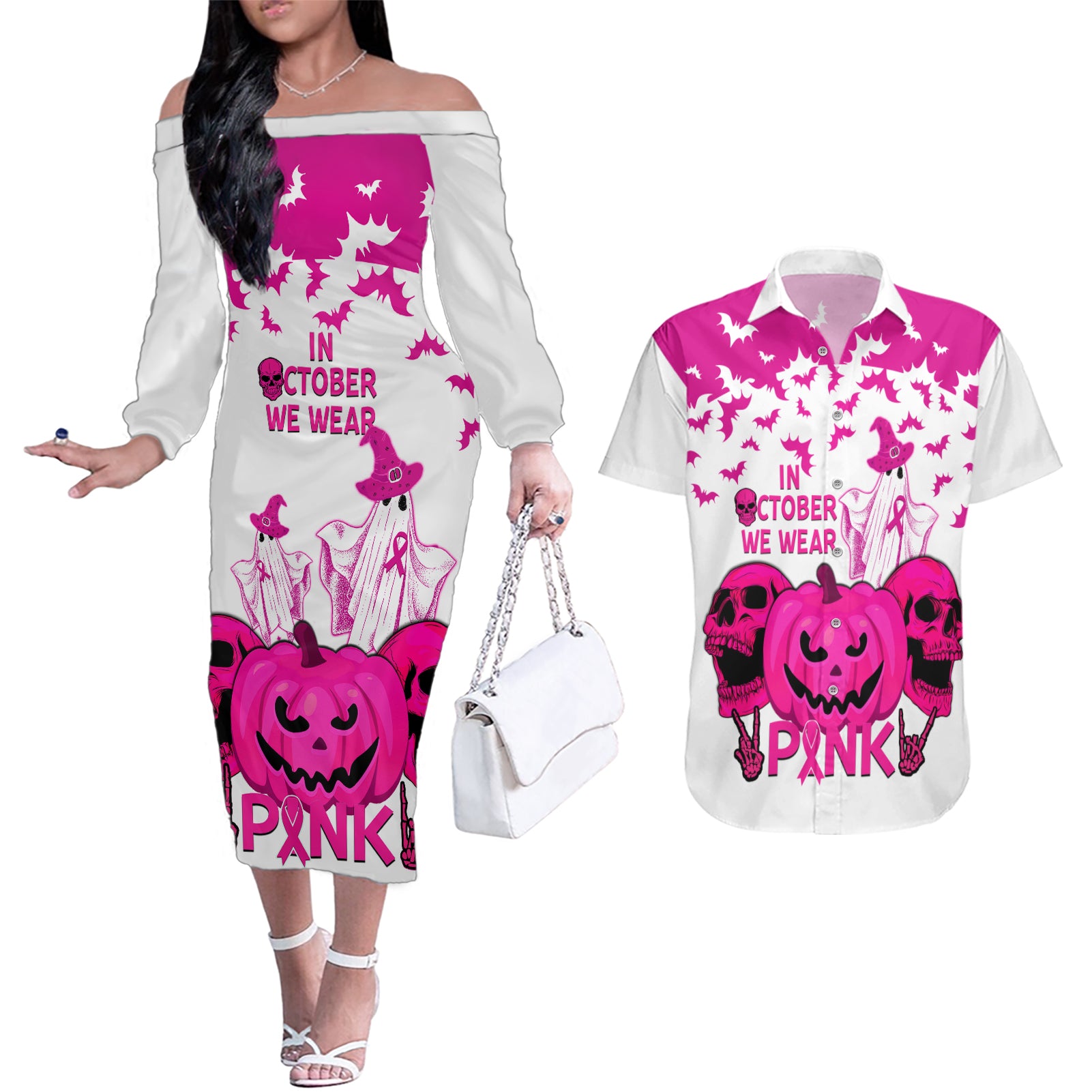 in-october-we-wear-pink-breast-cancer-couples-matching-off-the-shoulder-long-sleeve-dress-and-hawaiian-shirt-halloween-skull-with-pumkin-white-version