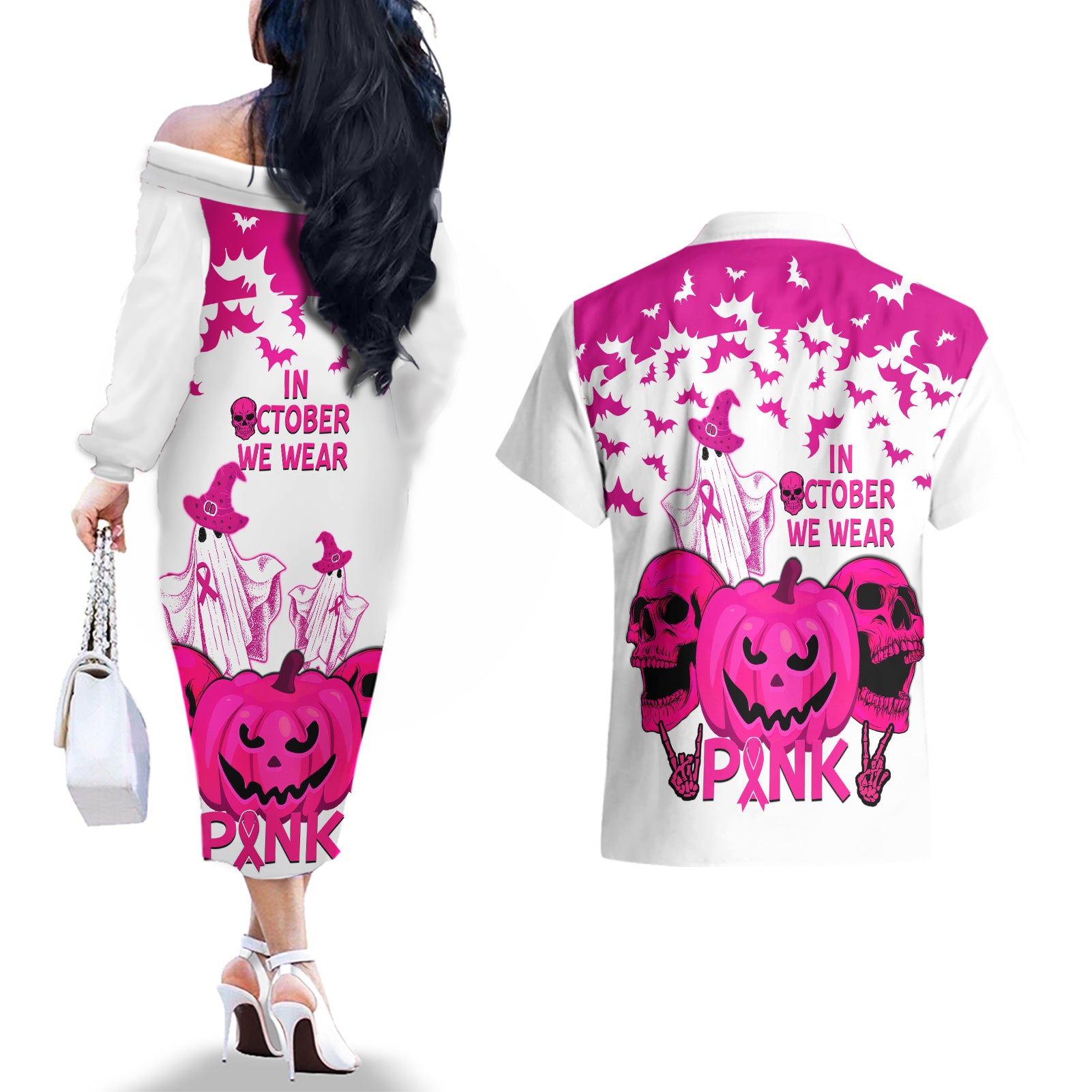 in-october-we-wear-pink-breast-cancer-couples-matching-off-the-shoulder-long-sleeve-dress-and-hawaiian-shirt-halloween-skull-with-pumkin-white-version