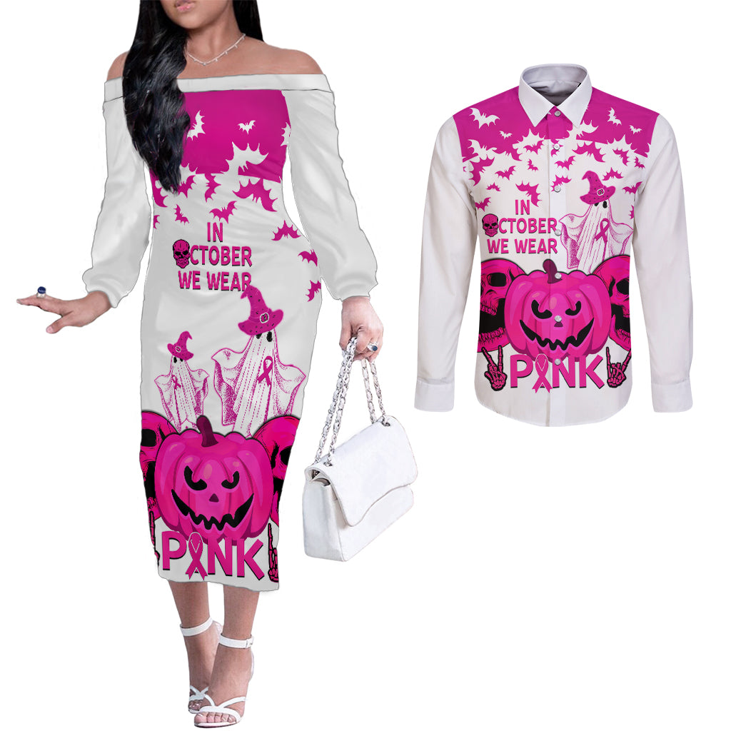 in-october-we-wear-pink-breast-cancer-couples-matching-off-the-shoulder-long-sleeve-dress-and-long-sleeve-button-shirts-halloween-skull-with-pumkin-white-version