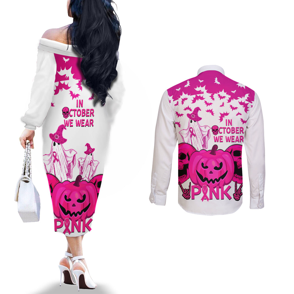 in-october-we-wear-pink-breast-cancer-couples-matching-off-the-shoulder-long-sleeve-dress-and-long-sleeve-button-shirts-halloween-skull-with-pumkin-white-version