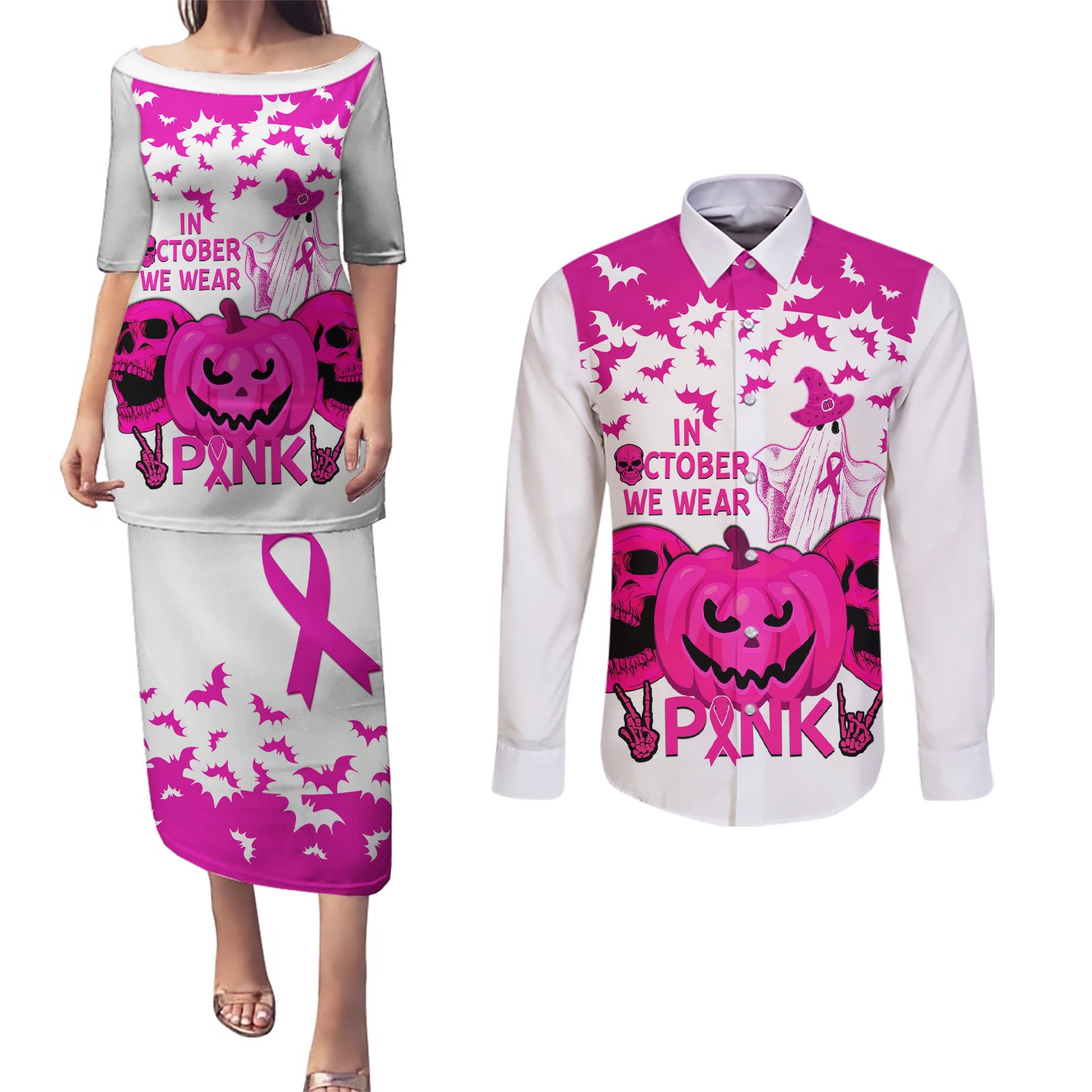 in-october-we-wear-pink-breast-cancer-couples-matching-puletasi-dress-and-long-sleeve-button-shirts-halloween-skull-with-pumkin-white-version